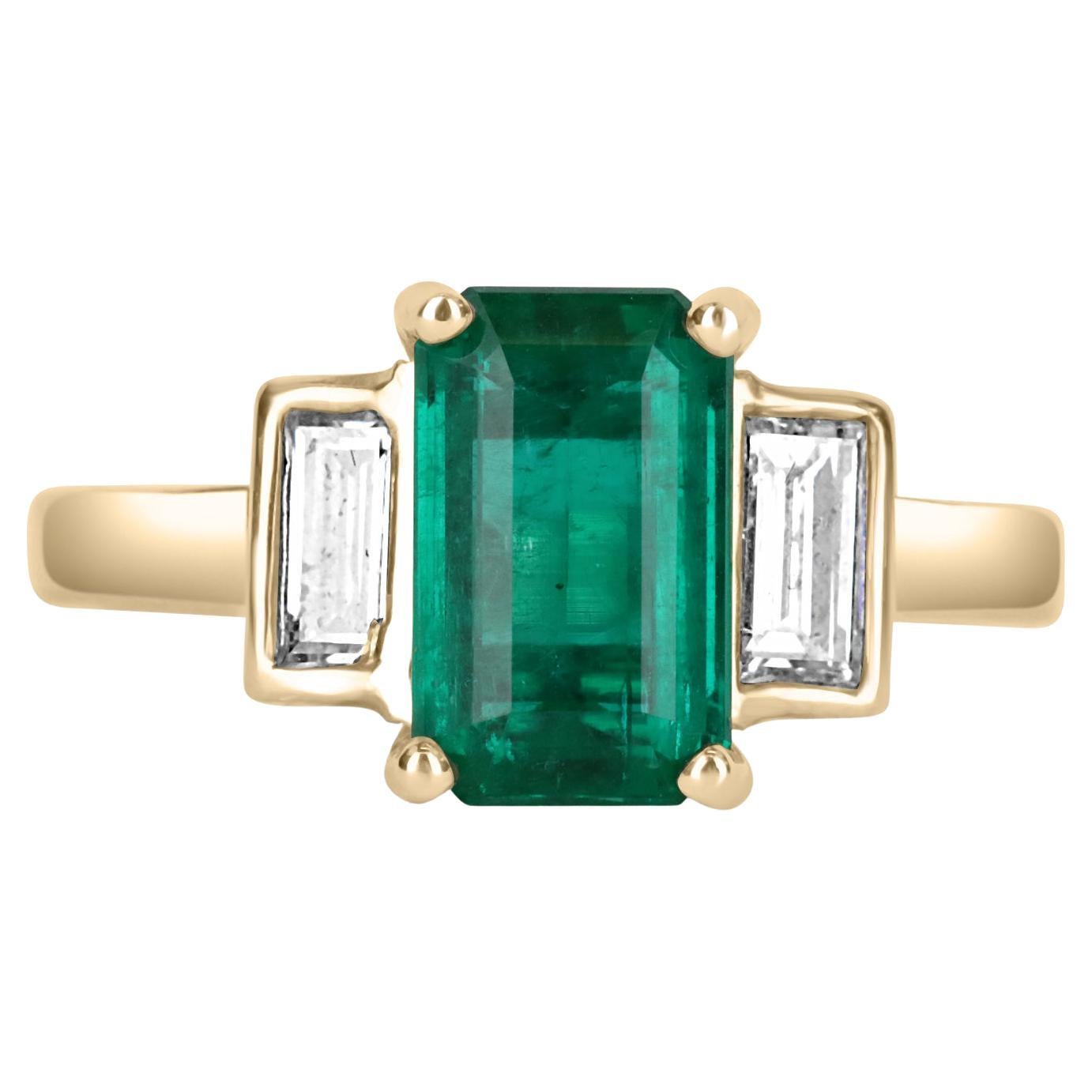 2.15tcw 18K Three Stone Emerald Cut Emerald & Diamond Ring For Sale