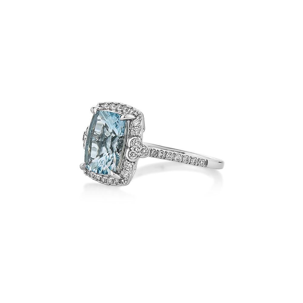 Cushion Cut 2.16 Carat Aquamarine Fancy Ring in 18Karat White Gold with White Diamond.   For Sale