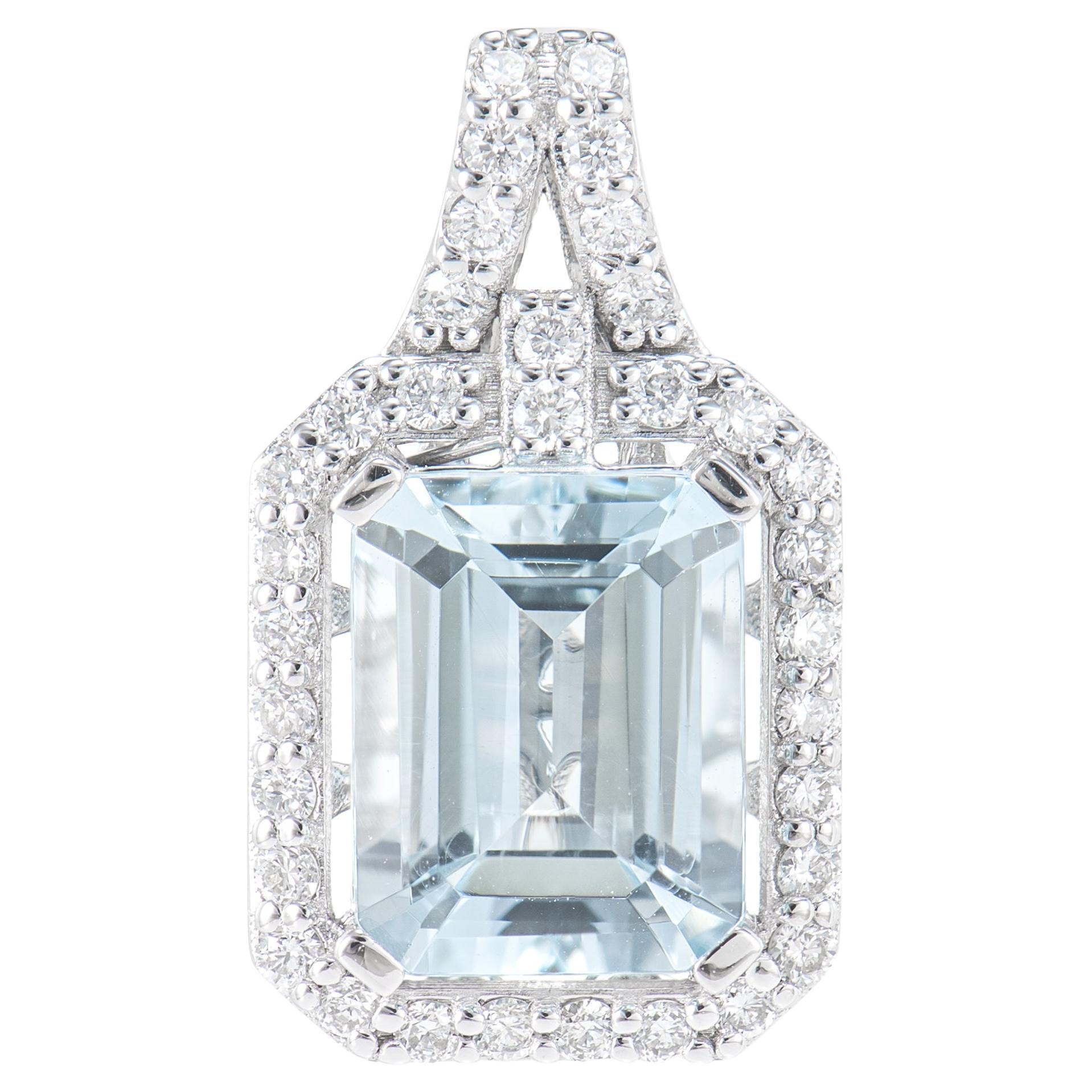 2.16 Carat Aquamarine Pendant in 18 Karat White Gold with White Diamond