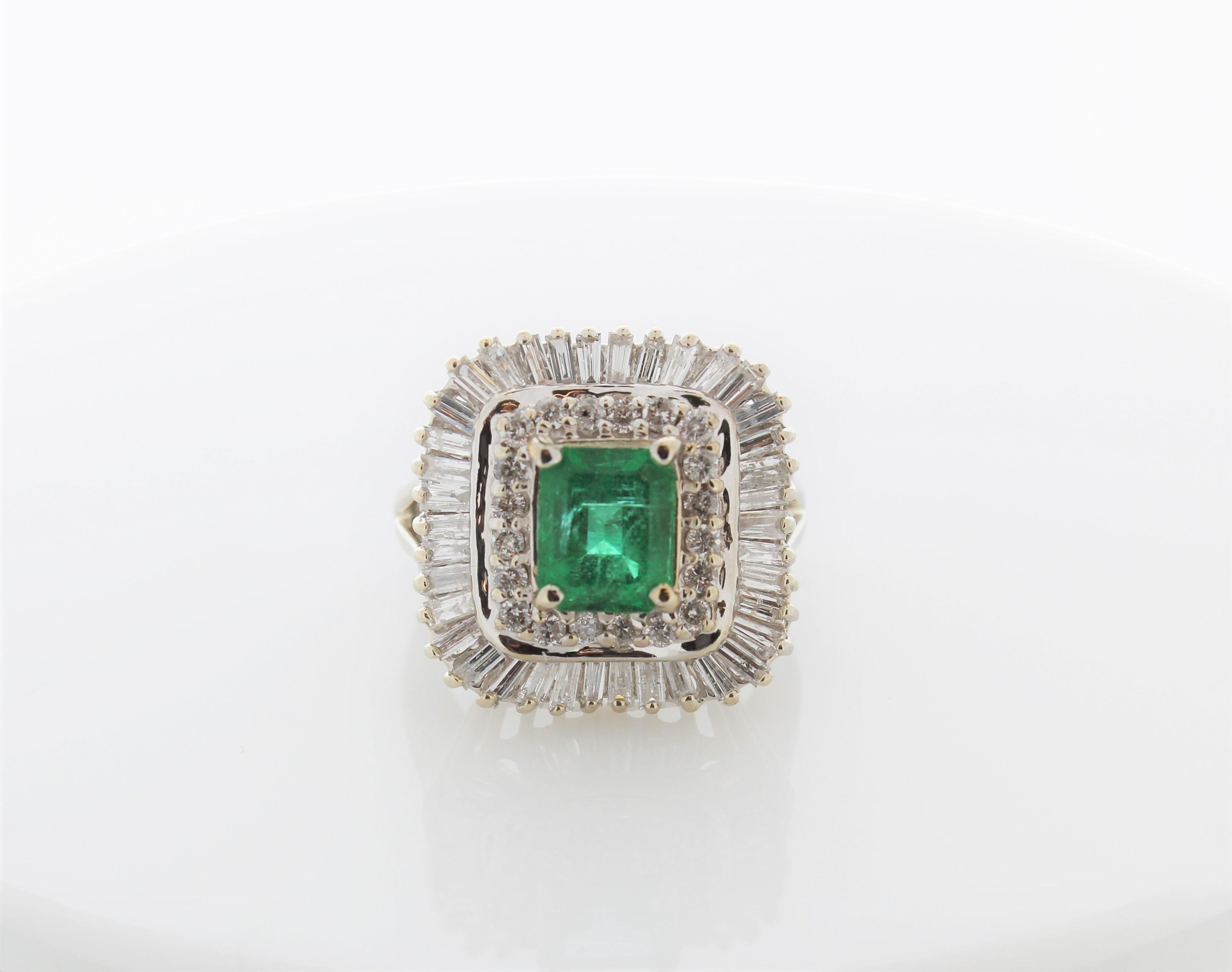 Contemporary 2.16 Carat Cushion Cut Emerald and Diamond Ring in 14K White Gold For Sale