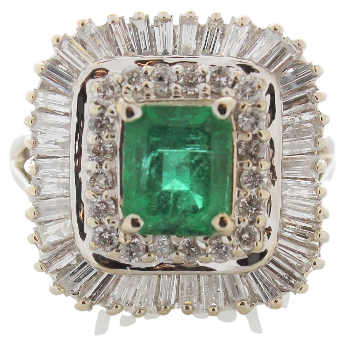 2.16 Carat Cushion Cut Emerald and Diamond Ring in 14K White Gold For Sale