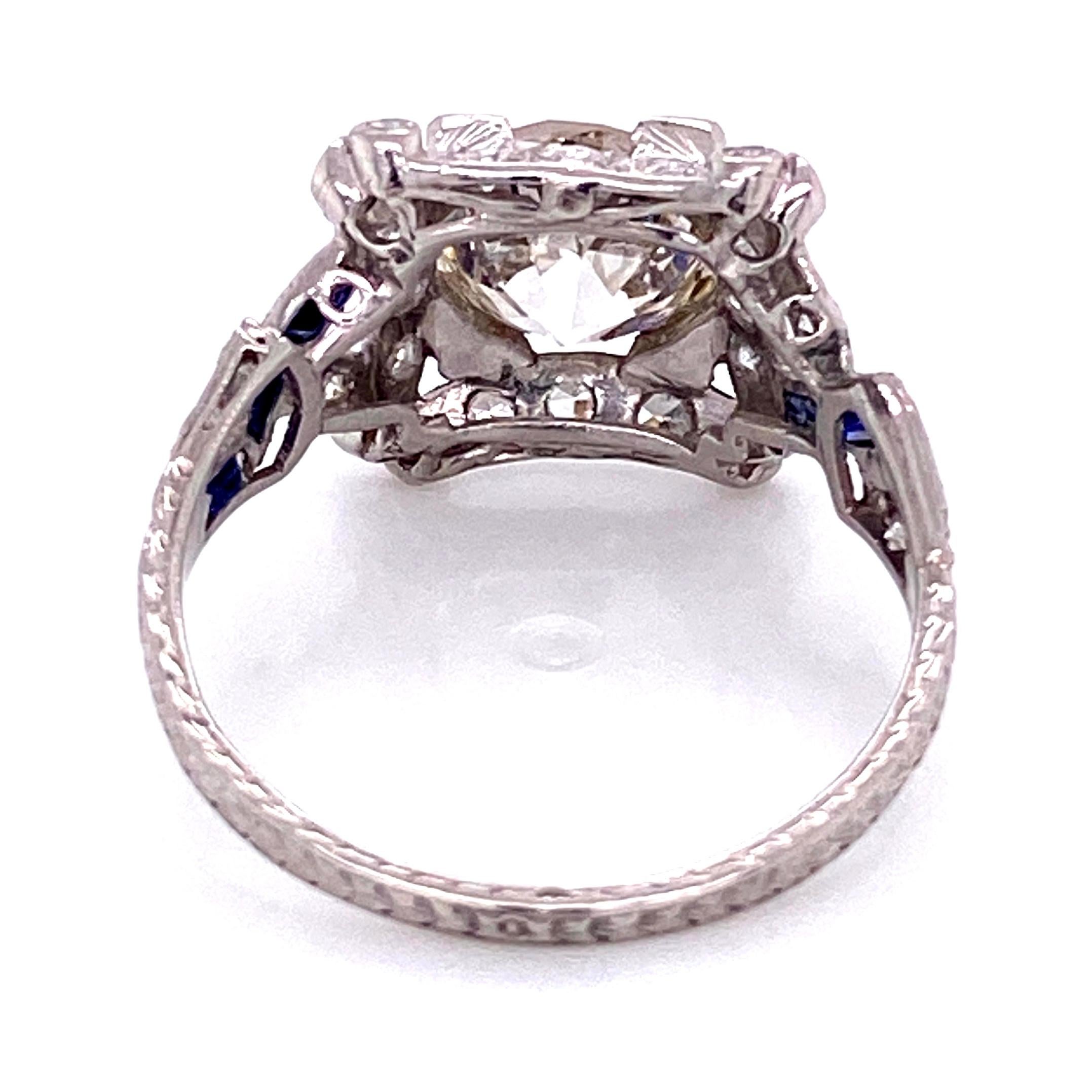 Anillo de cóctel de platino con diamante y zafiro de 2,16 quilates Fine Estate Jewelry Art Decó en venta