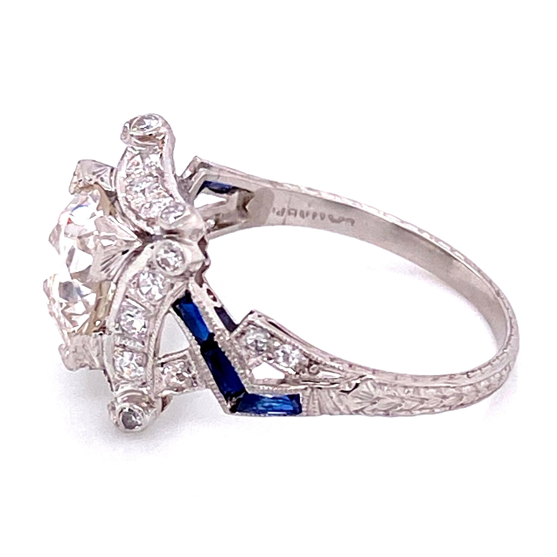 Old European Cut 2.16 Carat Diamond and Sapphire Platinum Cocktail Ring Fine Estate Jewelry For Sale