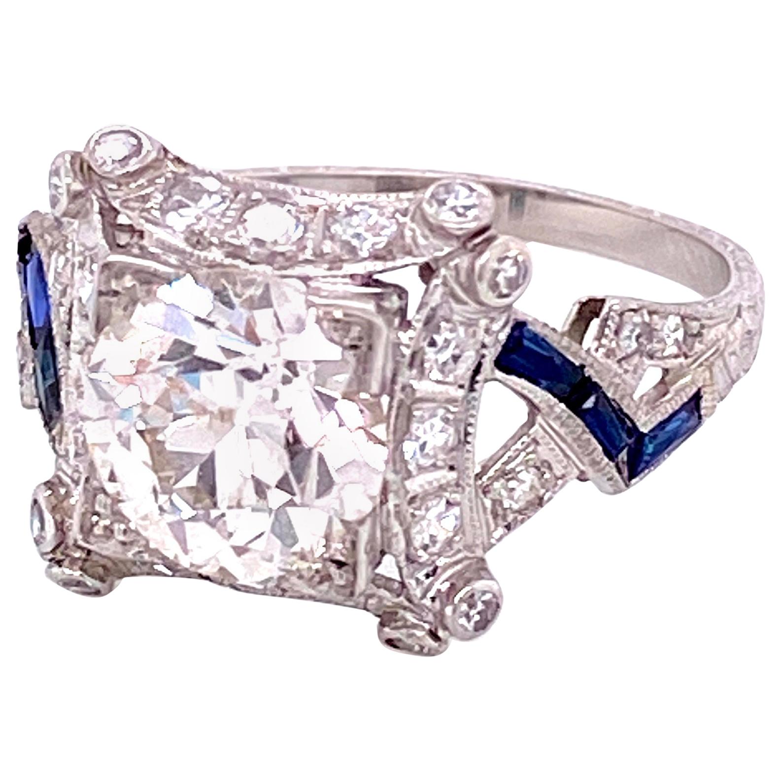 2.16 Carat Diamond and Sapphire Platinum Cocktail Ring Fine Estate Jewelry For Sale
