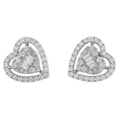 2.16 Carat Diamond Heart Shaped Cluster Earrings Baguette & Round 18K White Gold