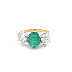 2.16 Carat Emerald 2.09 Carat Old Miner Diamond 18K GLD/PLAT Three-Stone Ring