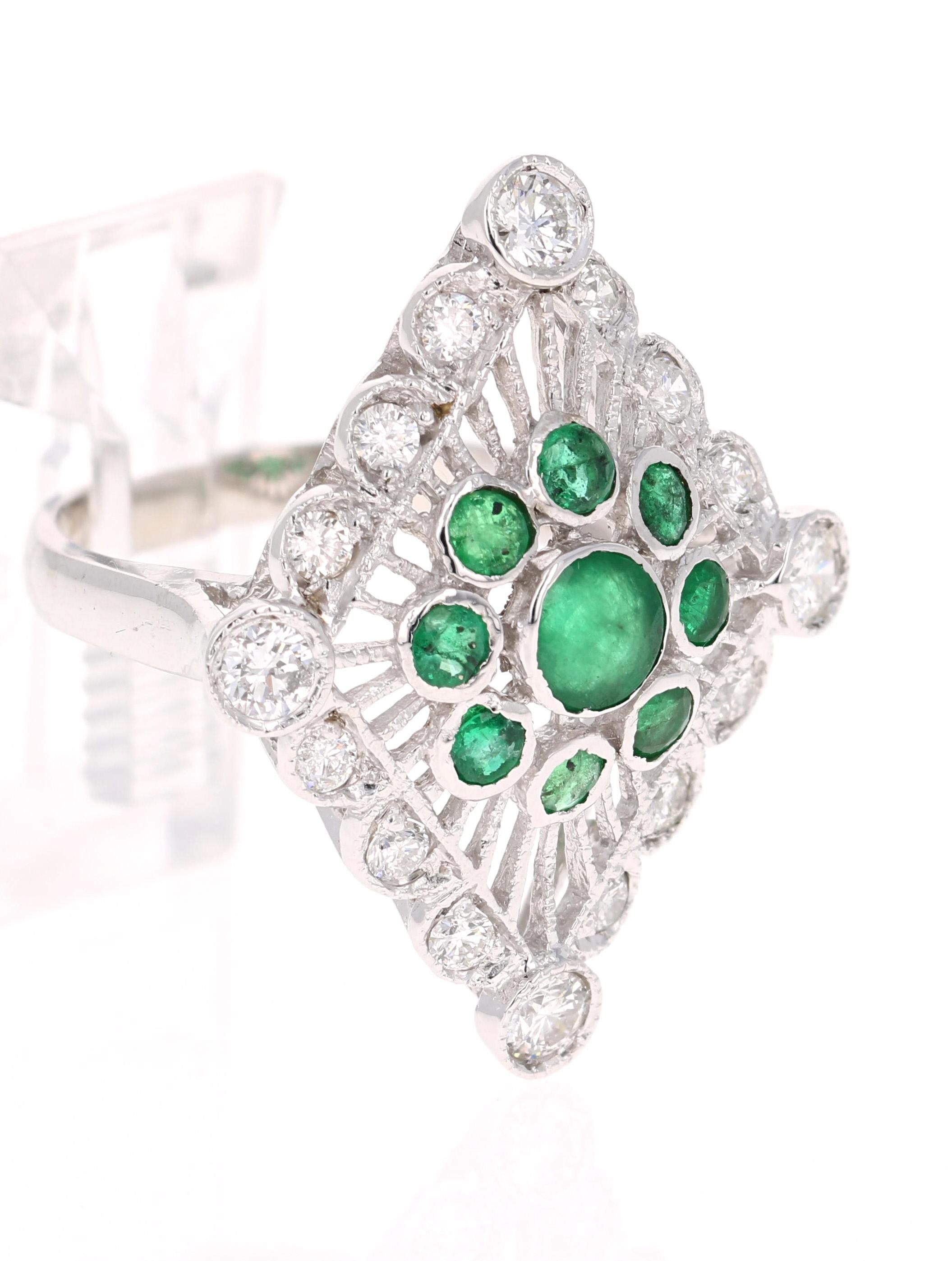 The most unique ring of all! A dazzling cluster of Emeralds and Diamonds wrapped elegantly around your finger...

There are 9 Round Cut Emeralds that weigh 1.16 Carats with 16 Round Cut Diamonds that weigh 1.00 Carat. (Clarity: SI, Color: F) The