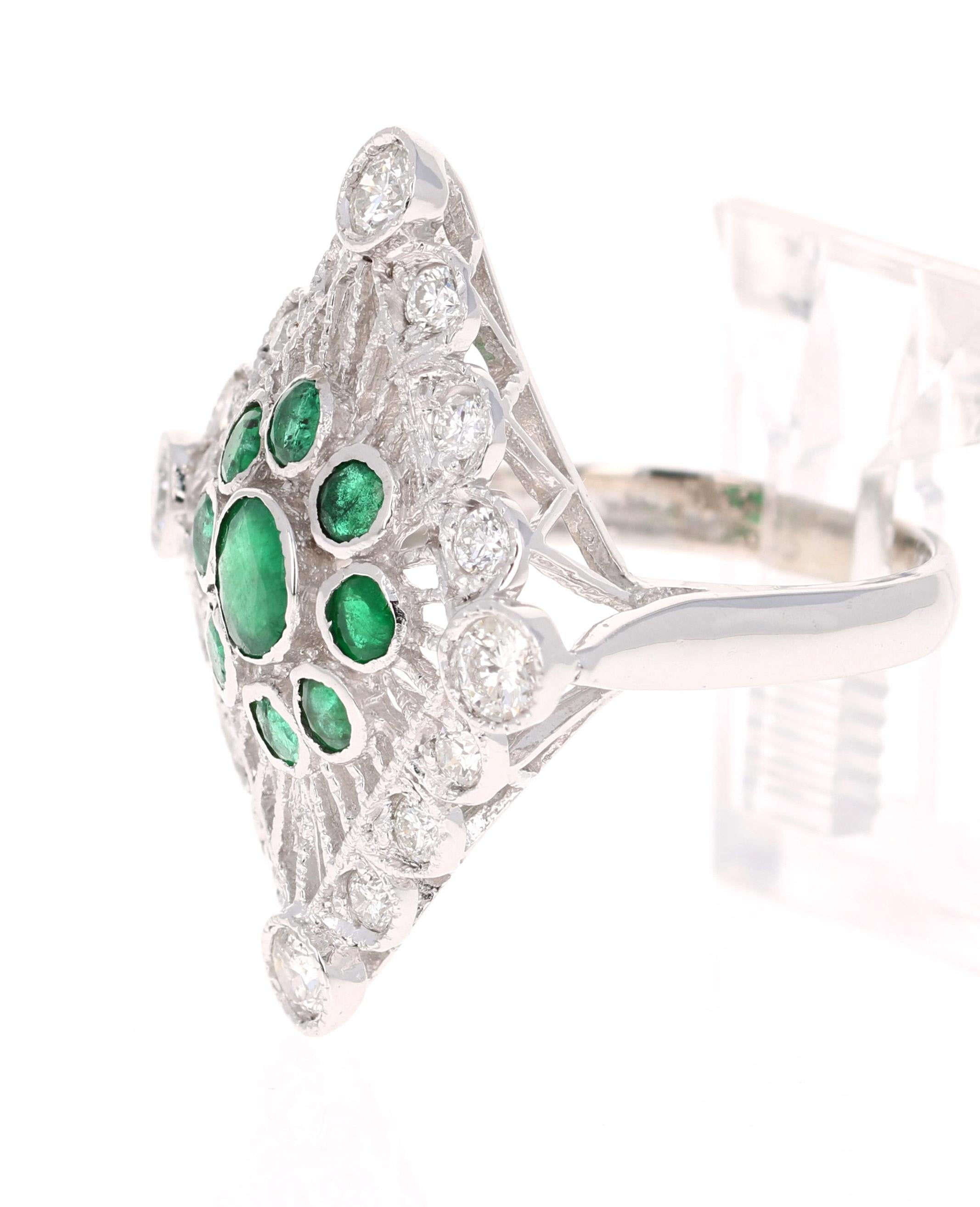 Modern 2.16 Carat Emerald Diamond Cluster 14 Karat White Gold Cocktail Ring For Sale