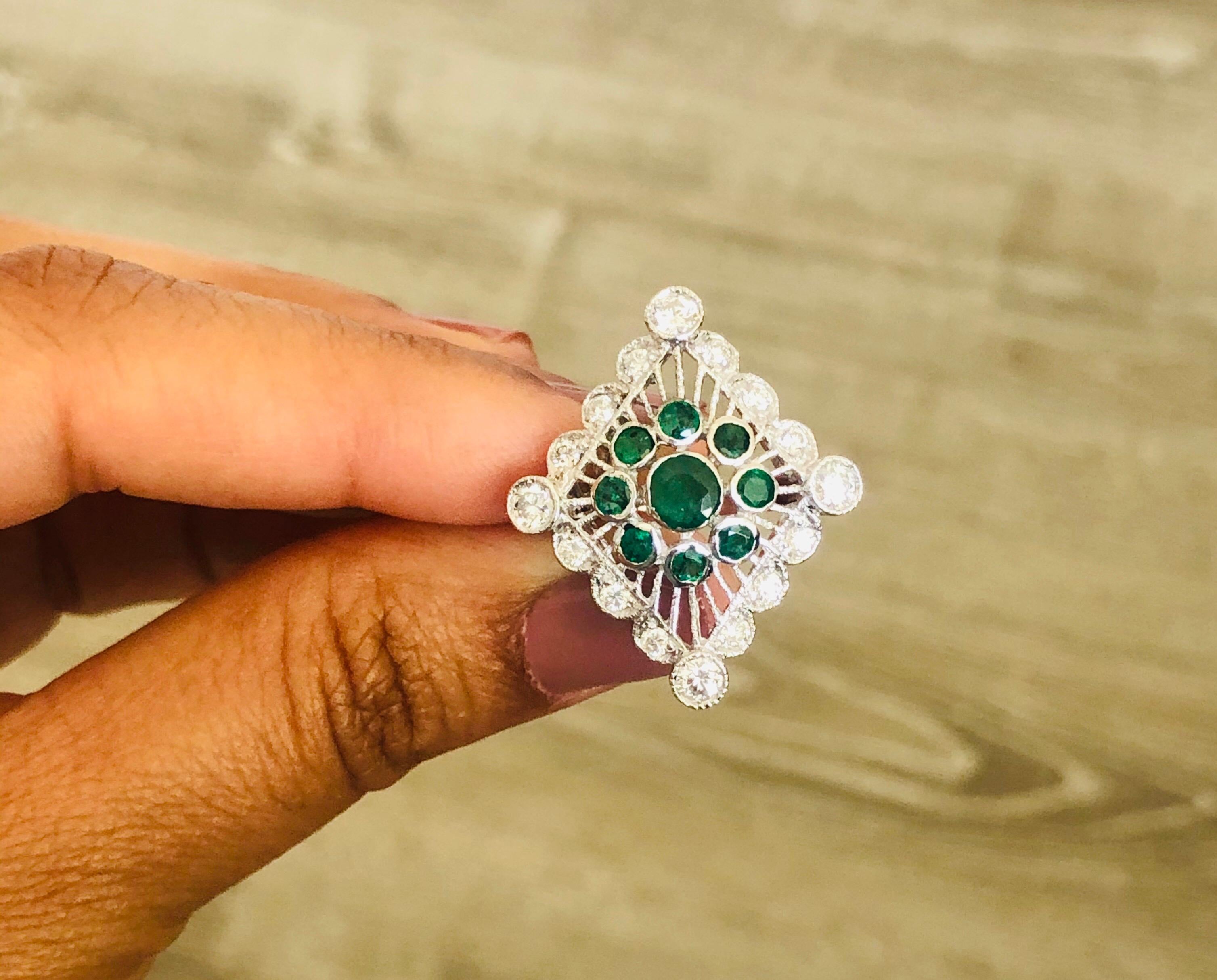 Round Cut 2.16 Carat Emerald Diamond Cluster 14 Karat White Gold Cocktail Ring For Sale