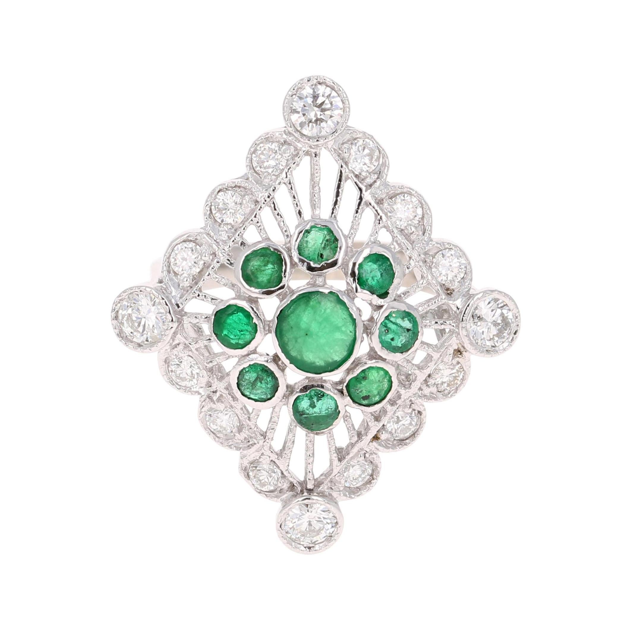 2.16 Carat Emerald Diamond Cluster 14 Karat White Gold Cocktail Ring