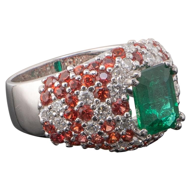 2.16 Carat Emerald with Sapphire and Diamonds, Cocktail or Engagement Ring For Sale