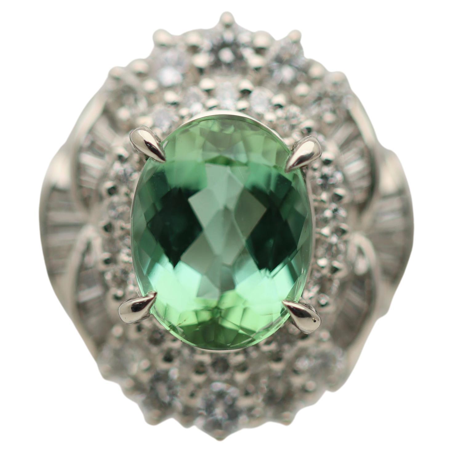 2.16 Carat Mint Tourmaline Diamond Platinum Ring For Sale