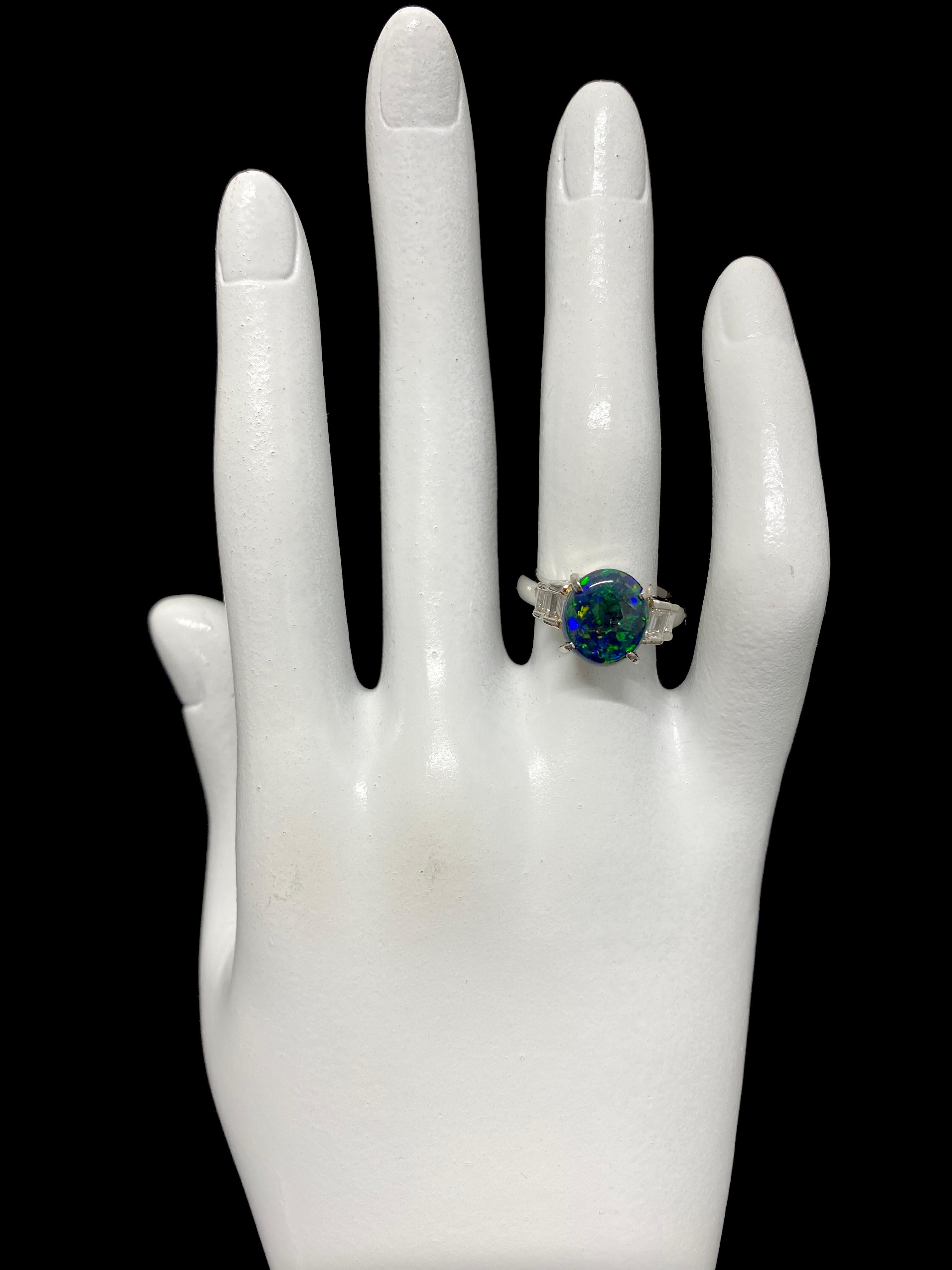 Cabochon 2.16 Carat Natural Australian Black Opal Three-Stone Ring Set in Platinum For Sale