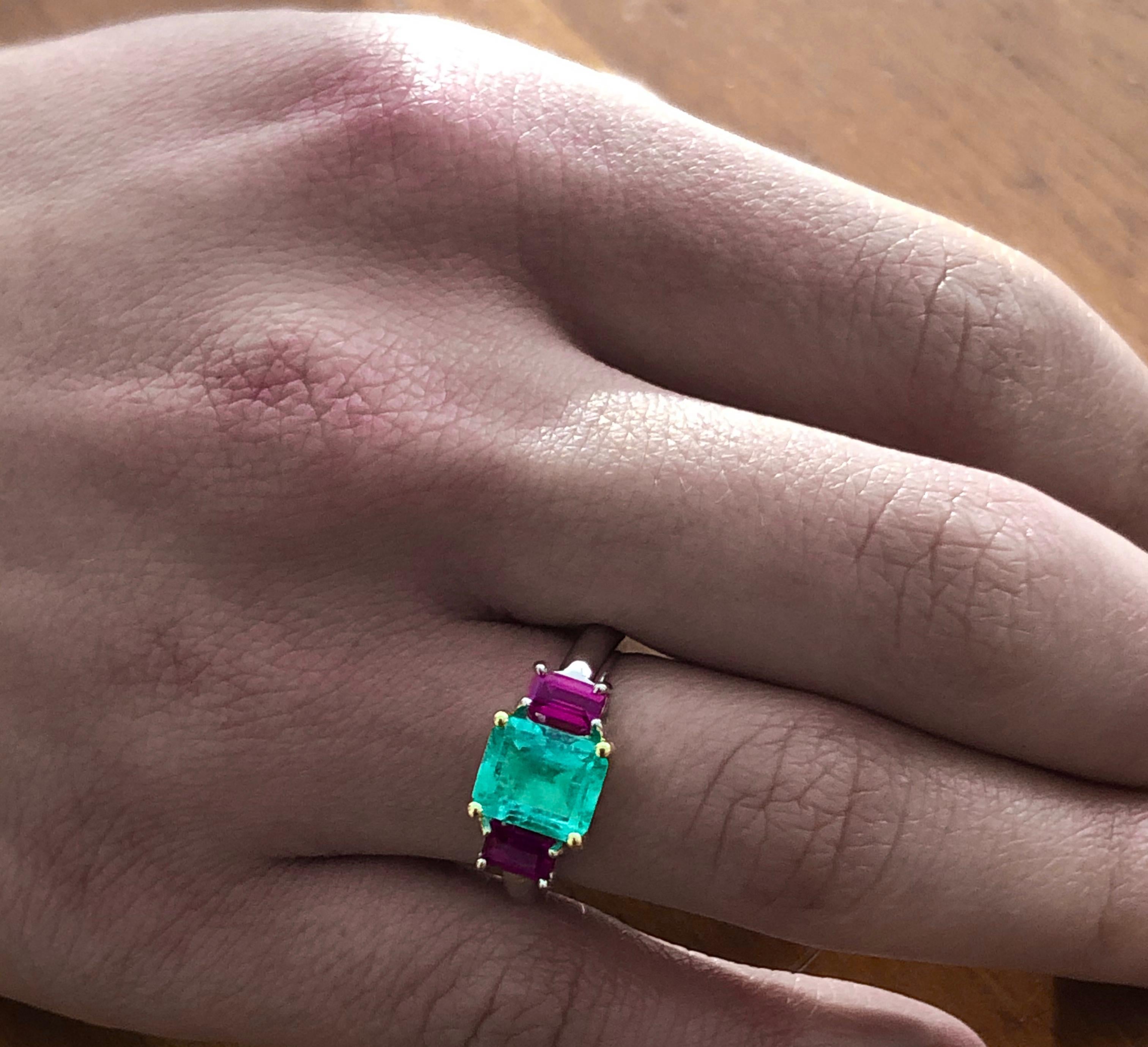 Emerald Cut 2.16 Carat Natural Colombian Emerald Ruby Engagement Ring Platinum and 18 Karat
