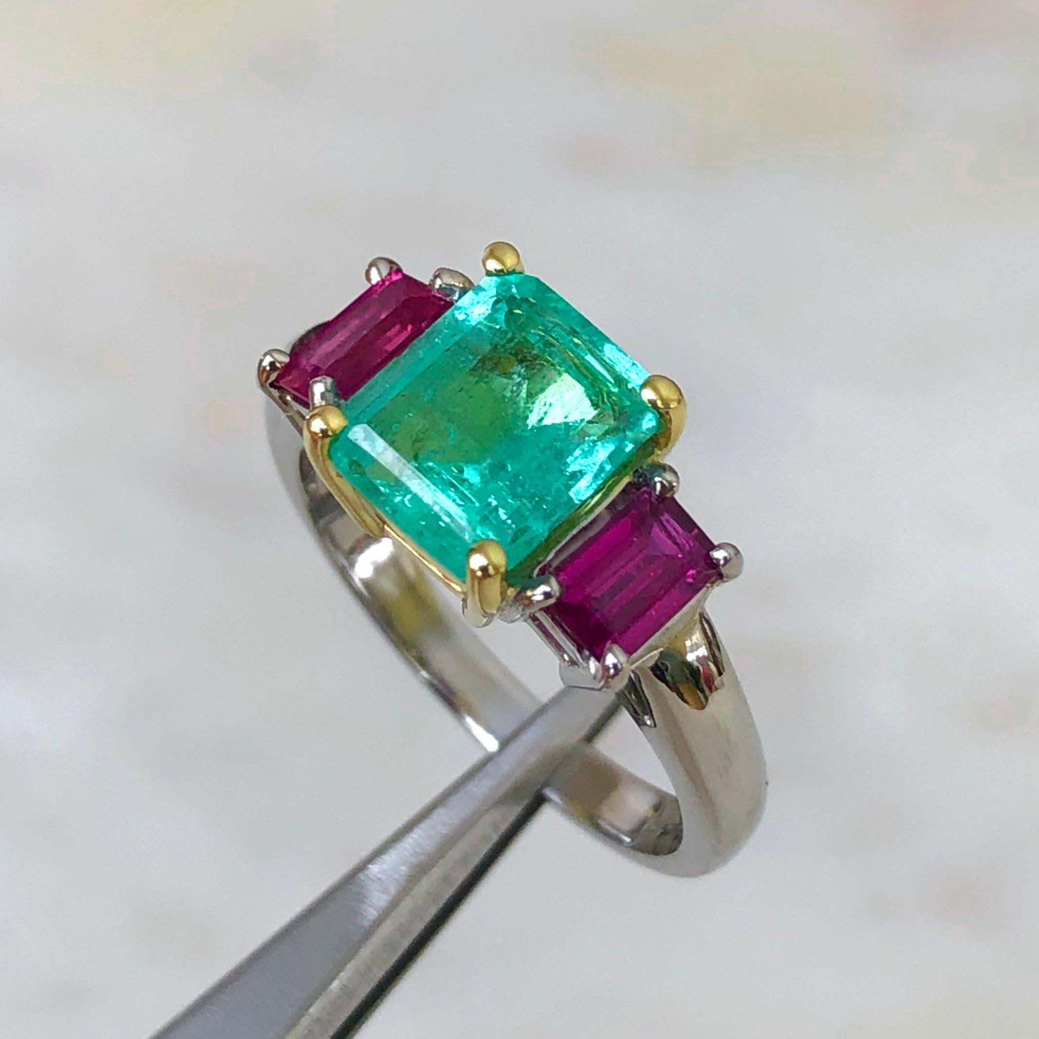 2.16 Carat Natural Colombian Emerald Ruby Engagement Ring Platinum and 18 Karat 1