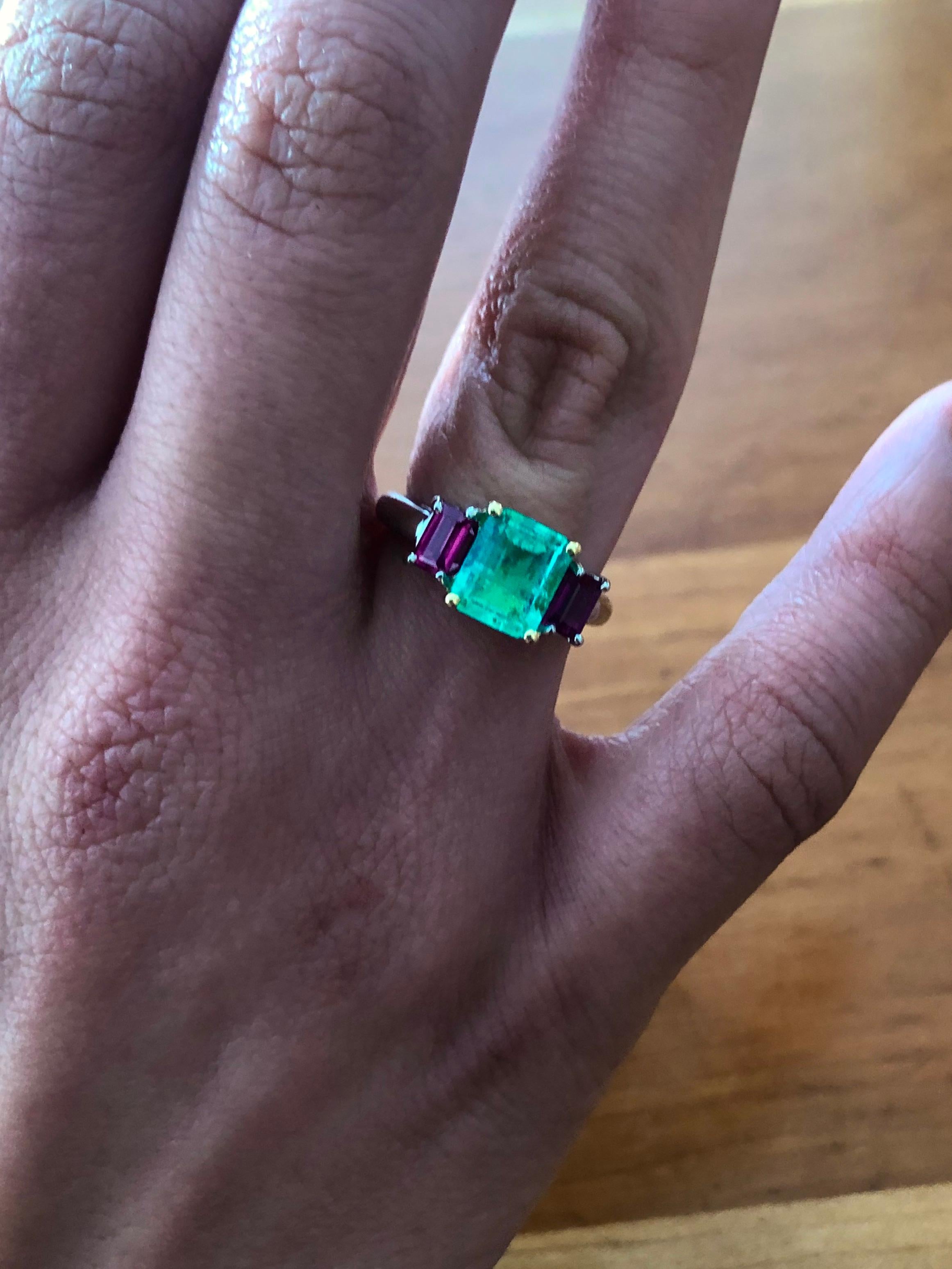 Women's 2.16 Carat Natural Colombian Emerald Ruby Engagement Ring Platinum and 18 Karat