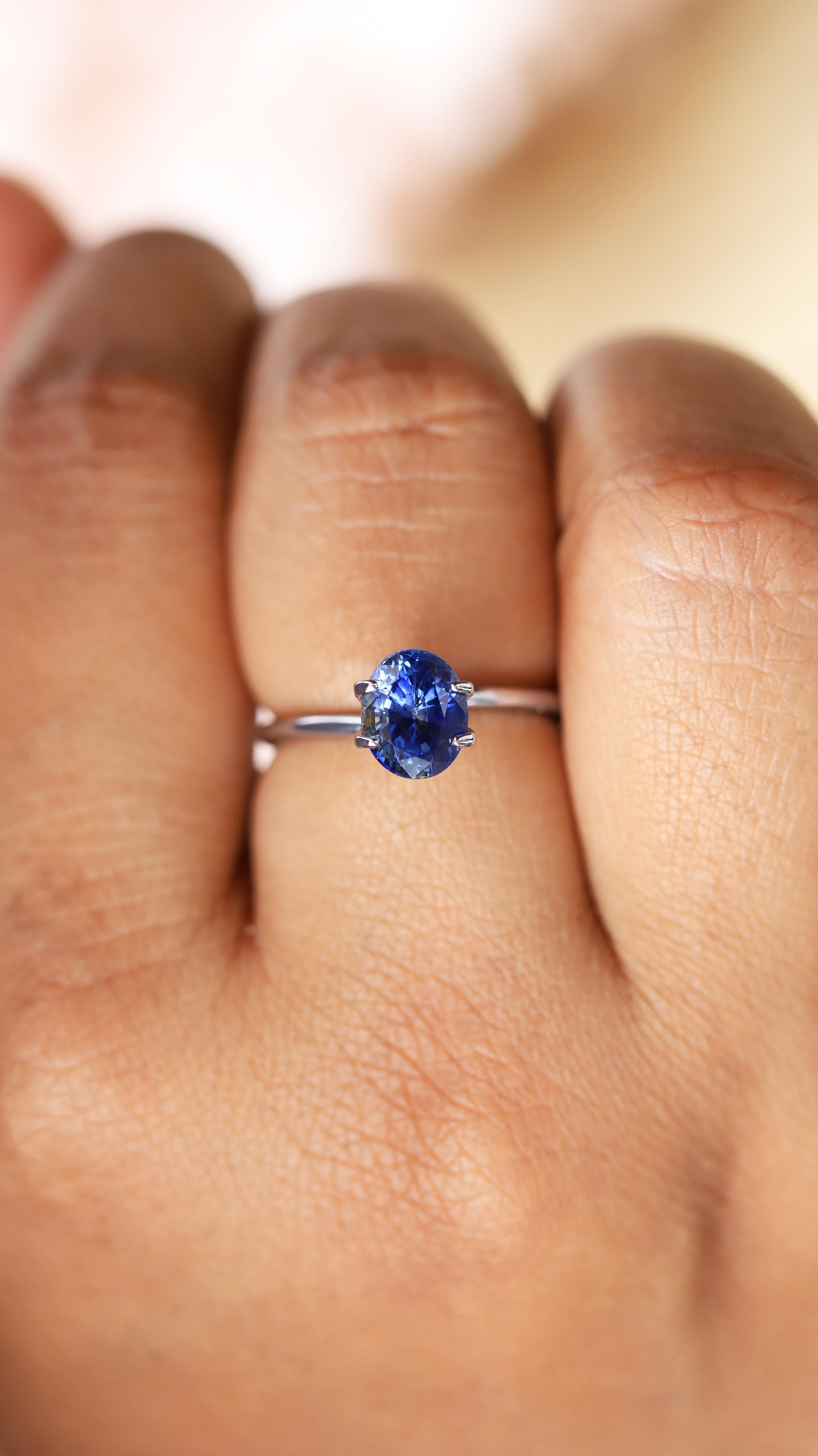The celestial appeal of blue sapphires is incontestable, especially when they come in such rich tones of blue. 

Sculpted into a classic oval weighing over 2 carat, this natural sapphire features a captivating fusion of intense blue hues whilst