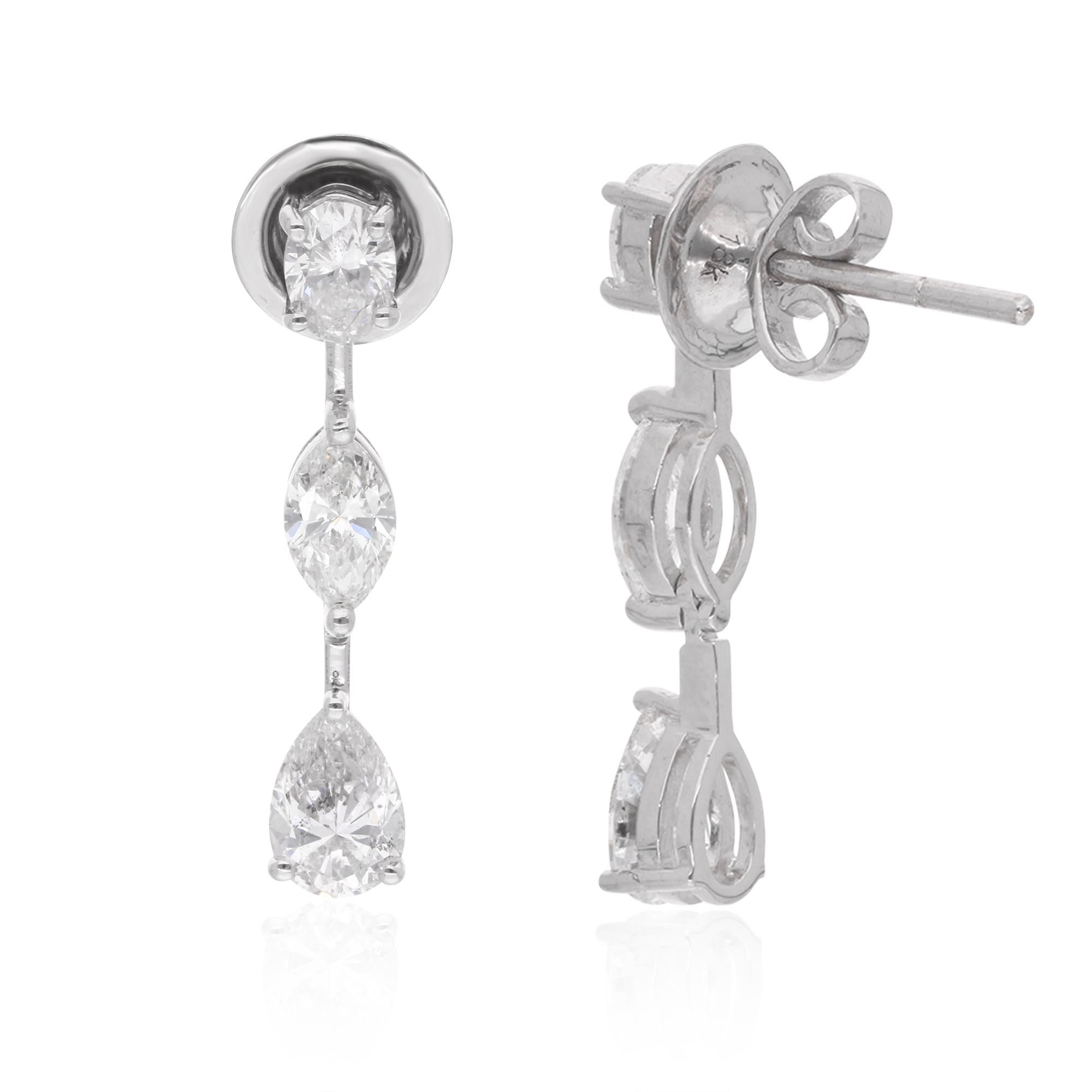 These exquisite earrings boast an impressive total weight of 2.16 carats, showcasing a stunning combination of oval, marquise, and pear-shaped diamonds. Crafted with meticulous attention to detail, they are set in luxurious 14 karat white gold,
