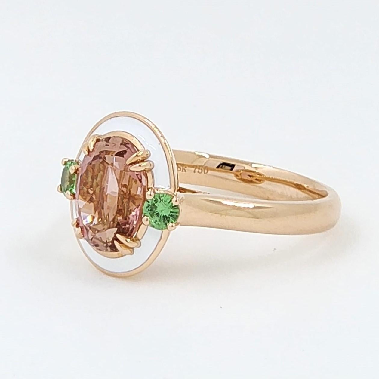 Oval Cut 2.16 Carat Oval Pink Tourmaline Enamel Art Deco Cocktail Ring in 18k Rose Gold For Sale