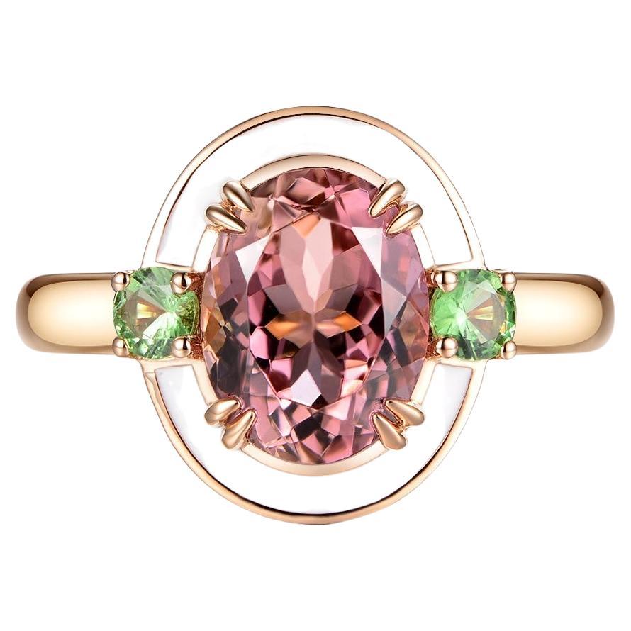 2.16 Carat Oval Pink Tourmaline Enamel Art Deco Cocktail Ring in 18k Rose Gold