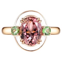 2.16 Carat Oval Pink Tourmaline Enamel Art Deco Cocktail Ring in 18k Rose Gold