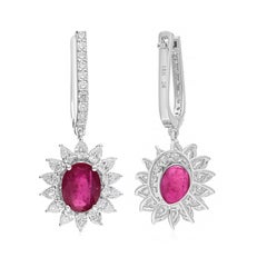 2.16 Carat Oval Ruby Starburst Dangle Earrings 1.6 Carat Diamond 18k White Gold
