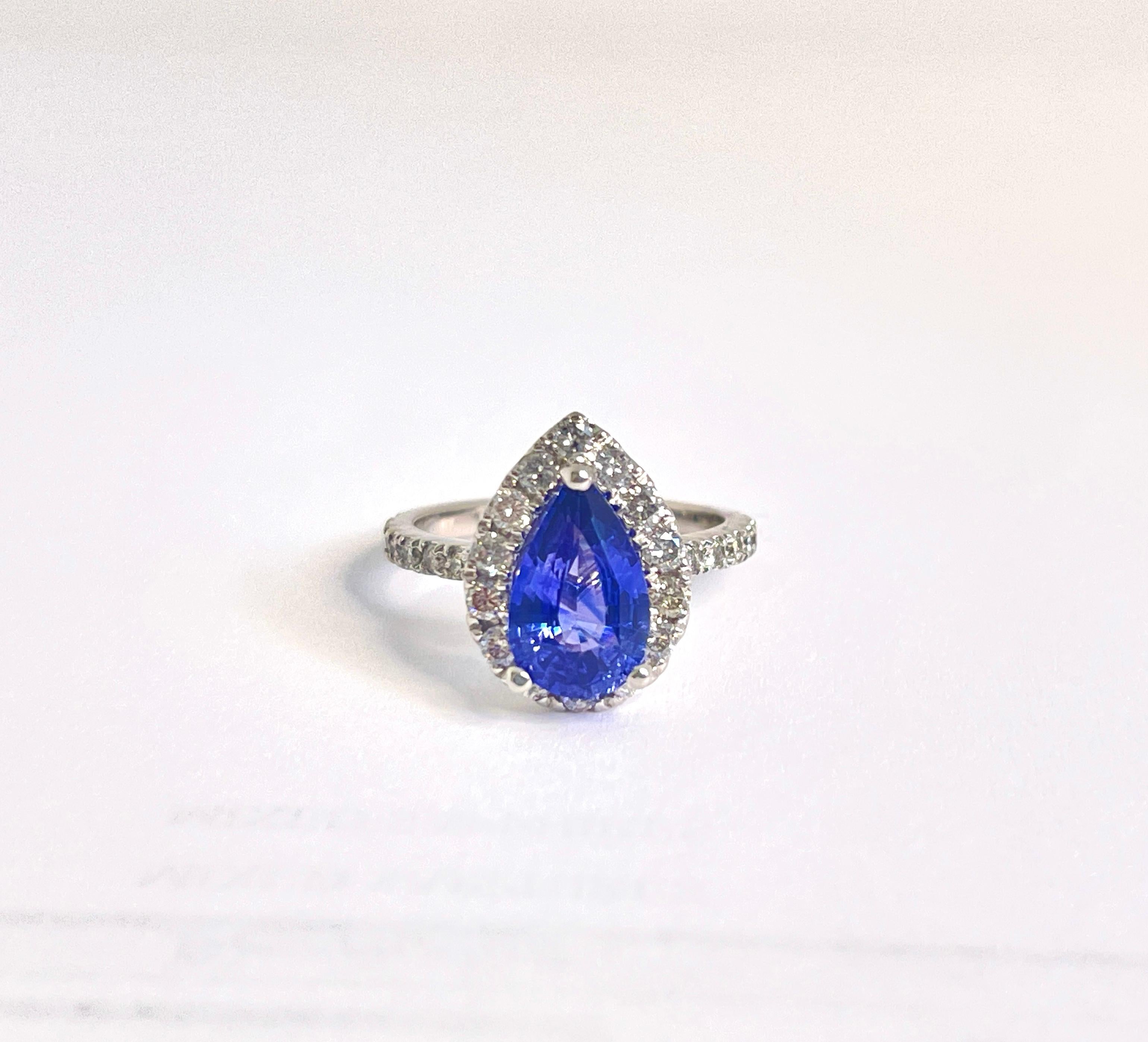 2.16 Carat Pear Shaped Purple-Blue Sapphire Diamond 14K White Gold Ring For Sale 5