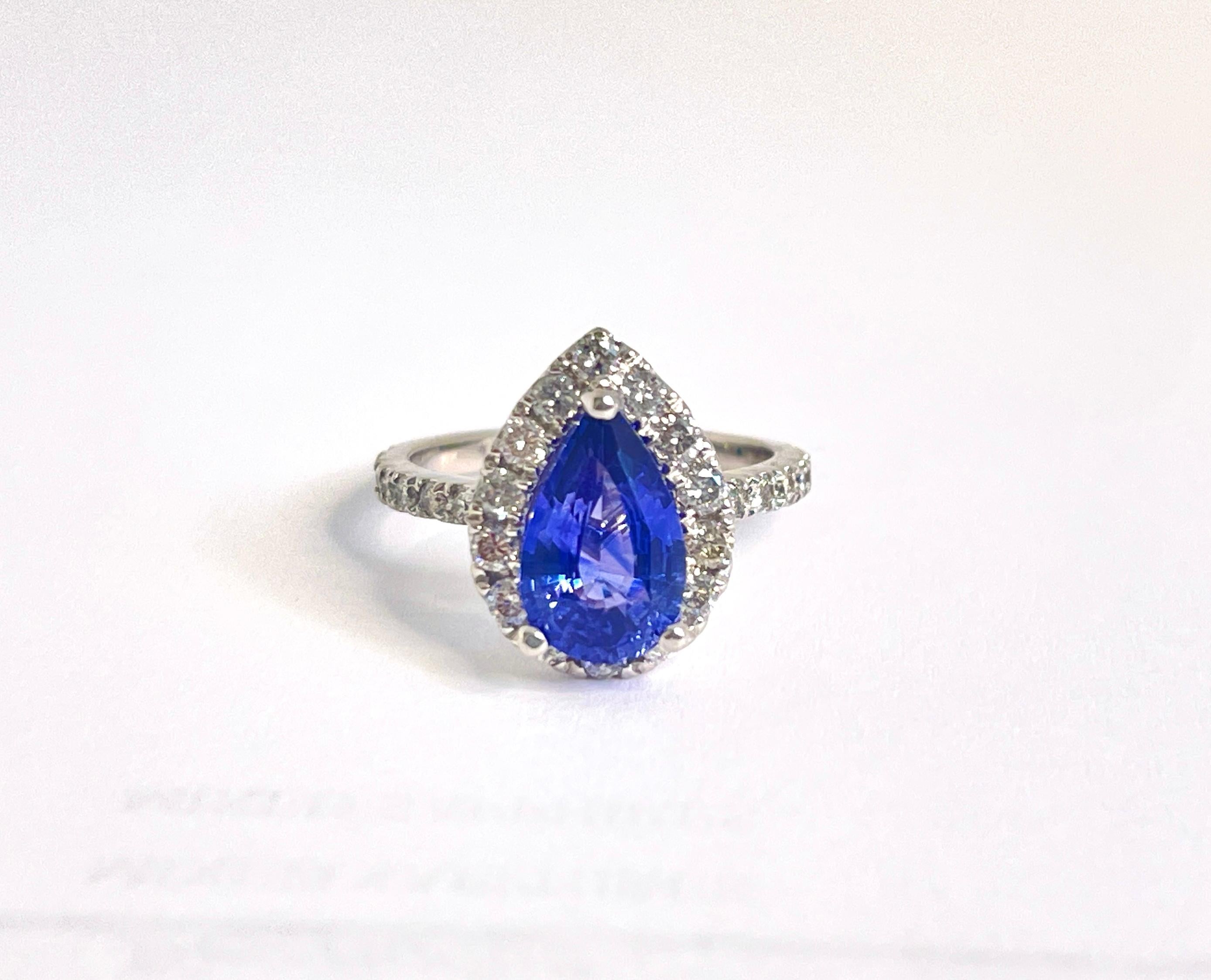 Pear Cut 2.16 Carat Pear Shaped Purple-Blue Sapphire Diamond 14K White Gold Ring For Sale