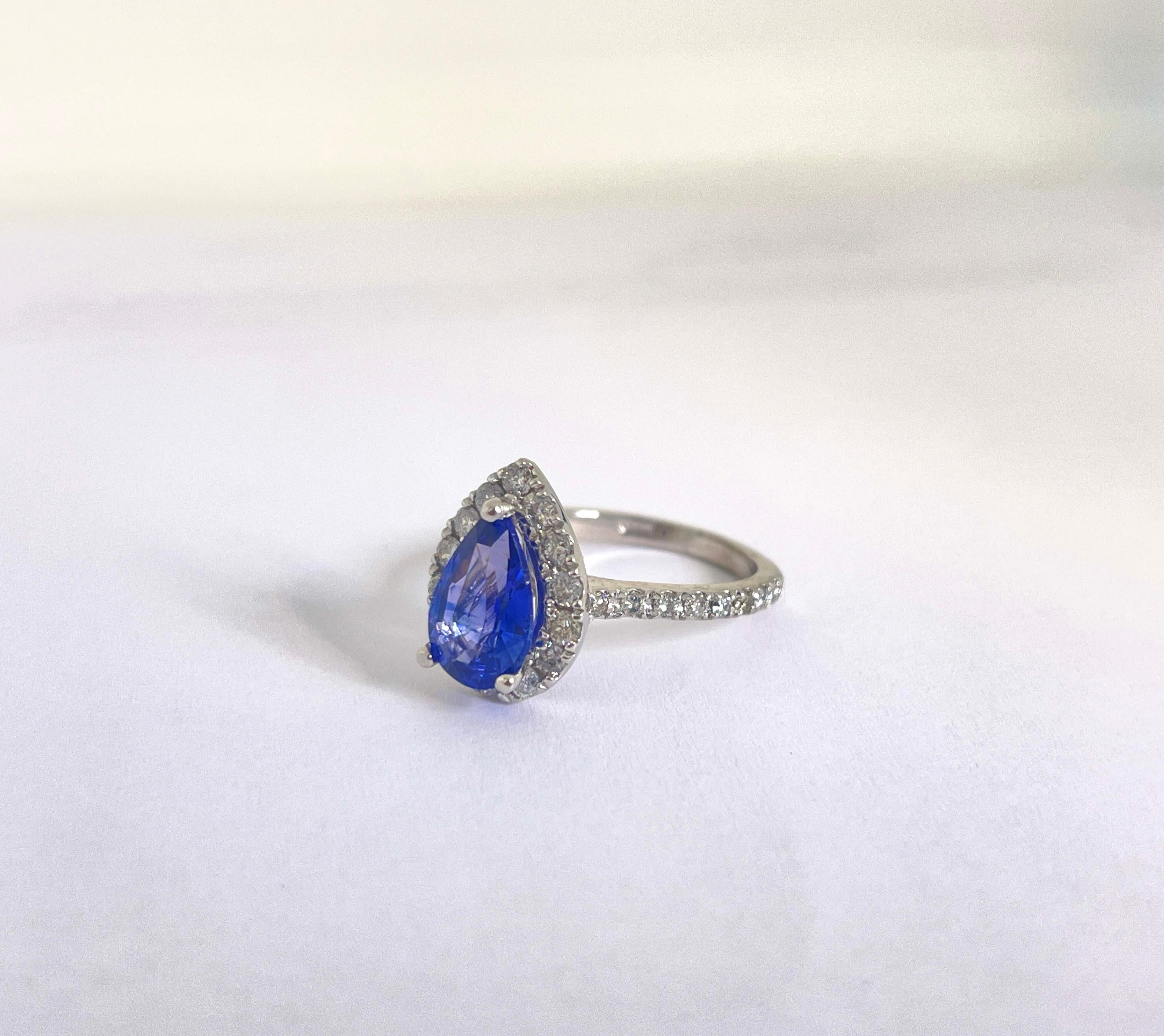 2.16 Carat Pear Shaped Purple-Blue Sapphire Diamond 14K White Gold Ring For Sale 1