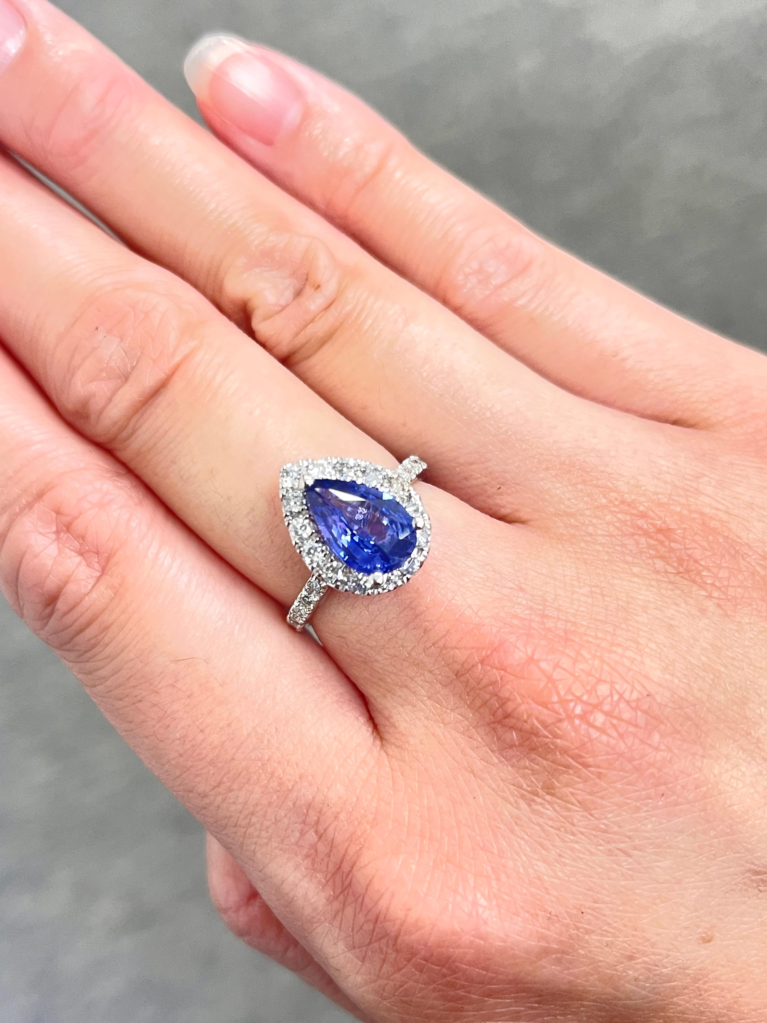 2.16 Carat Pear Shaped Purple-Blue Sapphire Diamond 14K White Gold Ring For Sale 2