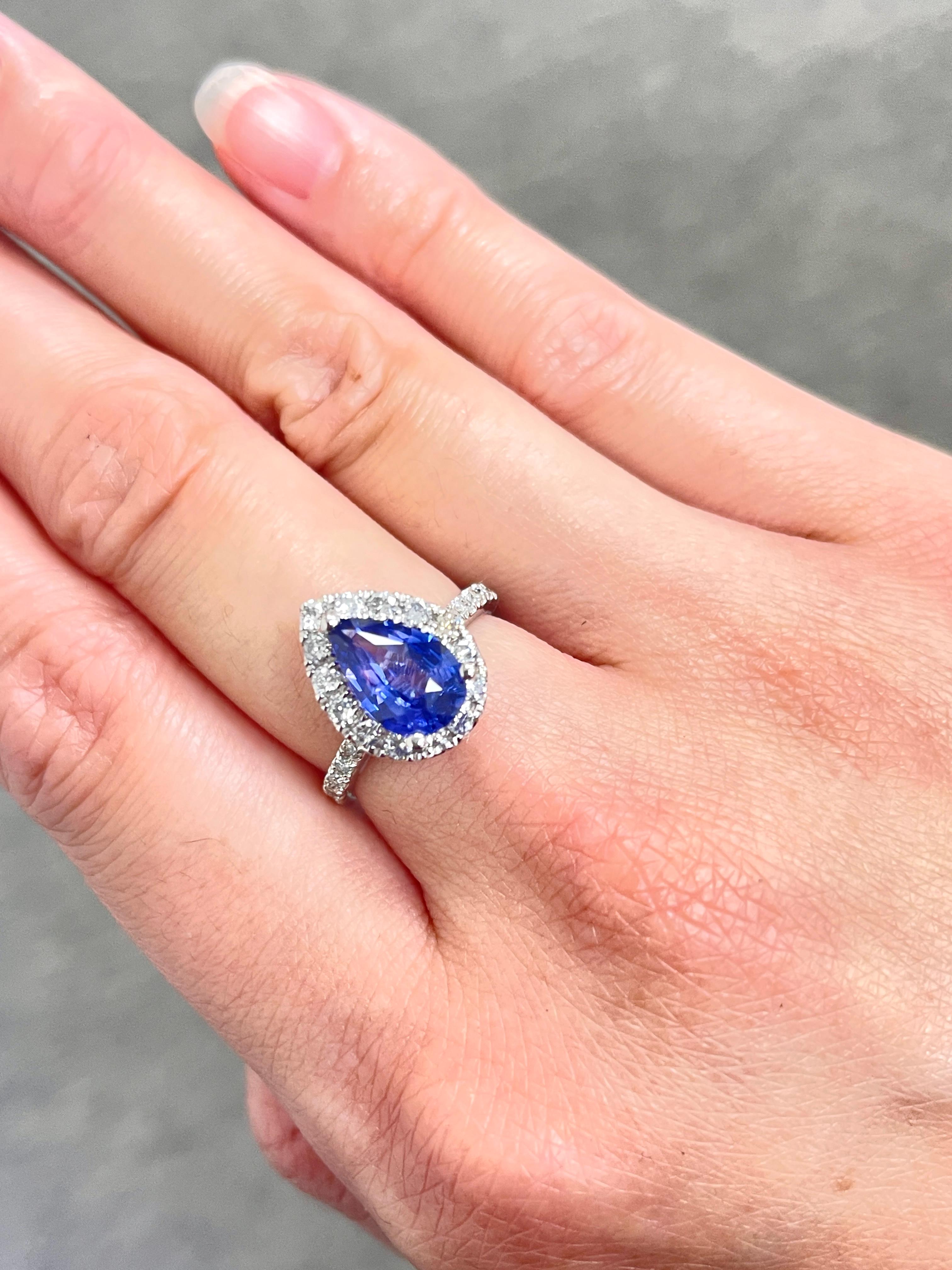 2.16 Carat Pear Shaped Purple-Blue Sapphire Diamond 14K White Gold Ring For Sale 3