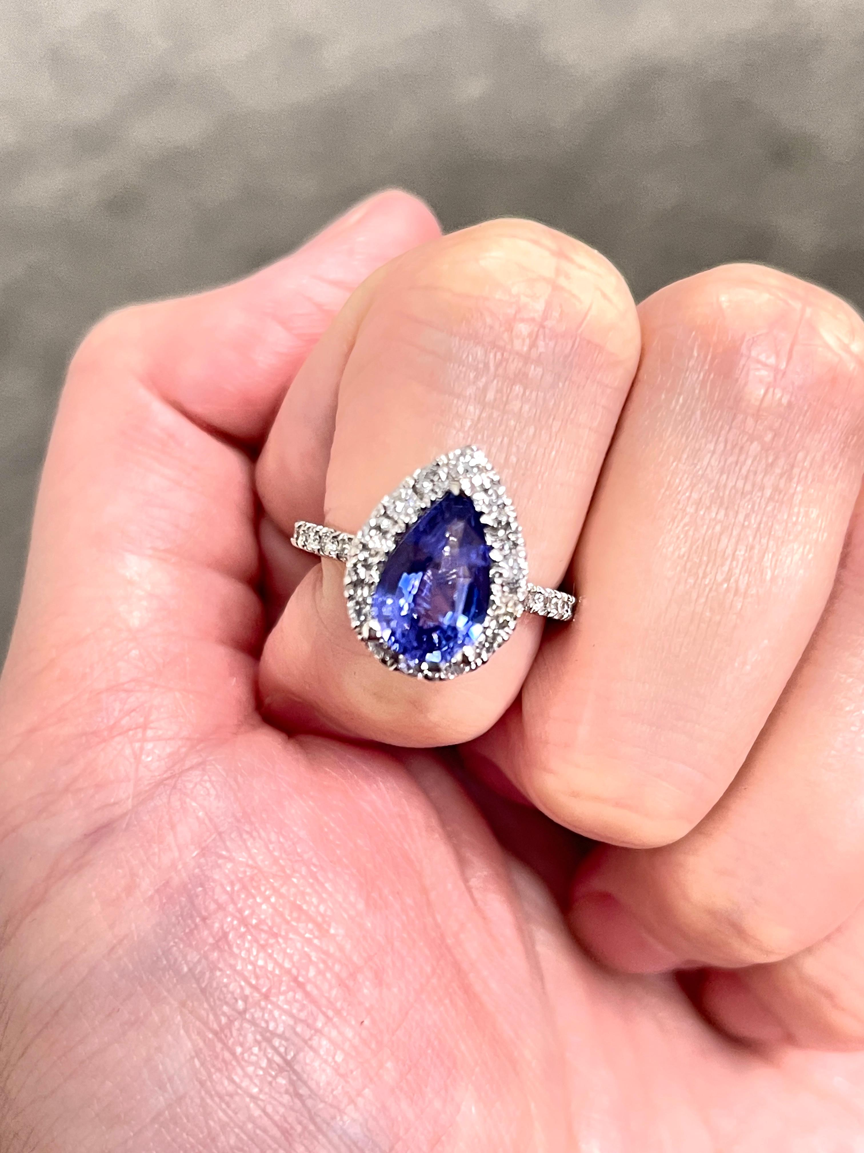 2.16 Carat Pear Shaped Purple-Blue Sapphire Diamond 14K White Gold Ring For Sale 4