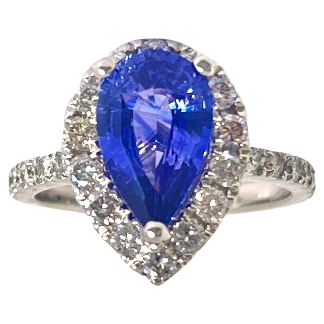2.16 Carat Pear Shaped Purple-Blue Sapphire Diamond 14K White Gold Ring For Sale