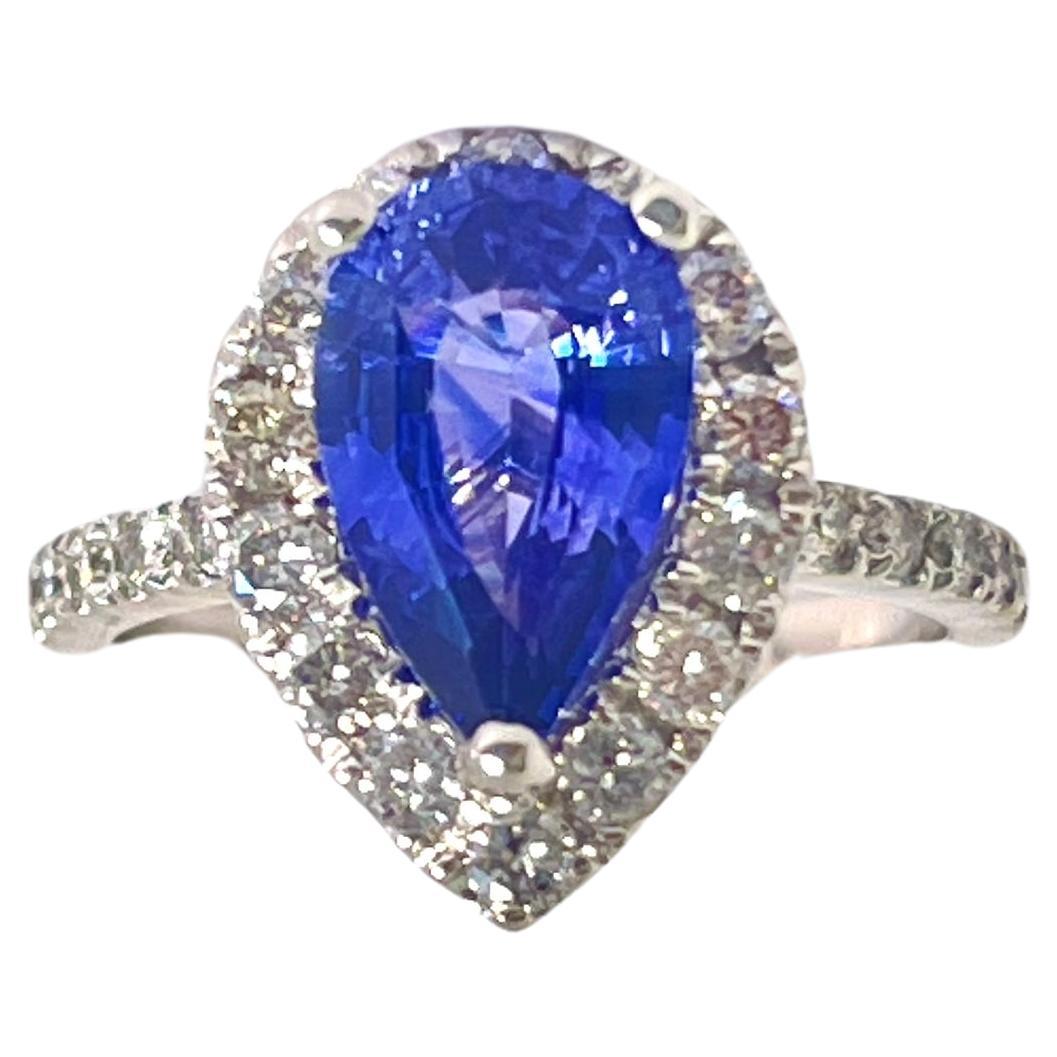 2.16 Carat Pear Shaped Purple-Blue Sapphire Diamond 14K White Gold Ring For Sale