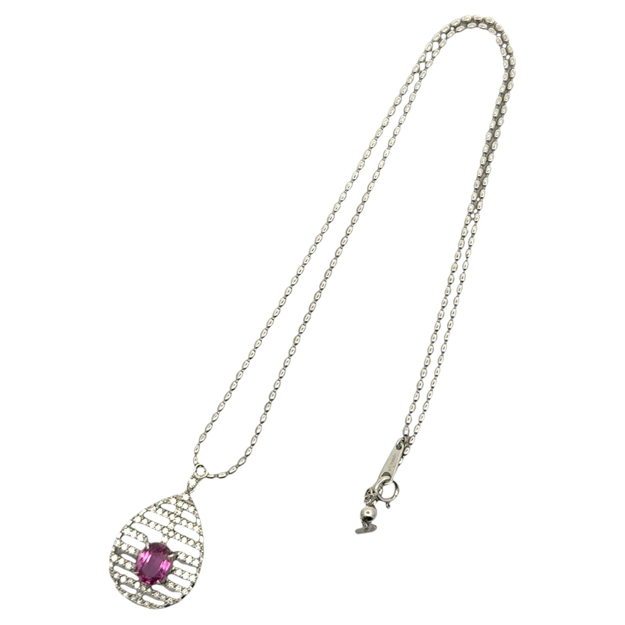 2.16 Carat Pink Sapphire Diamond 18K White Gold Pendant Necklace For Sale
