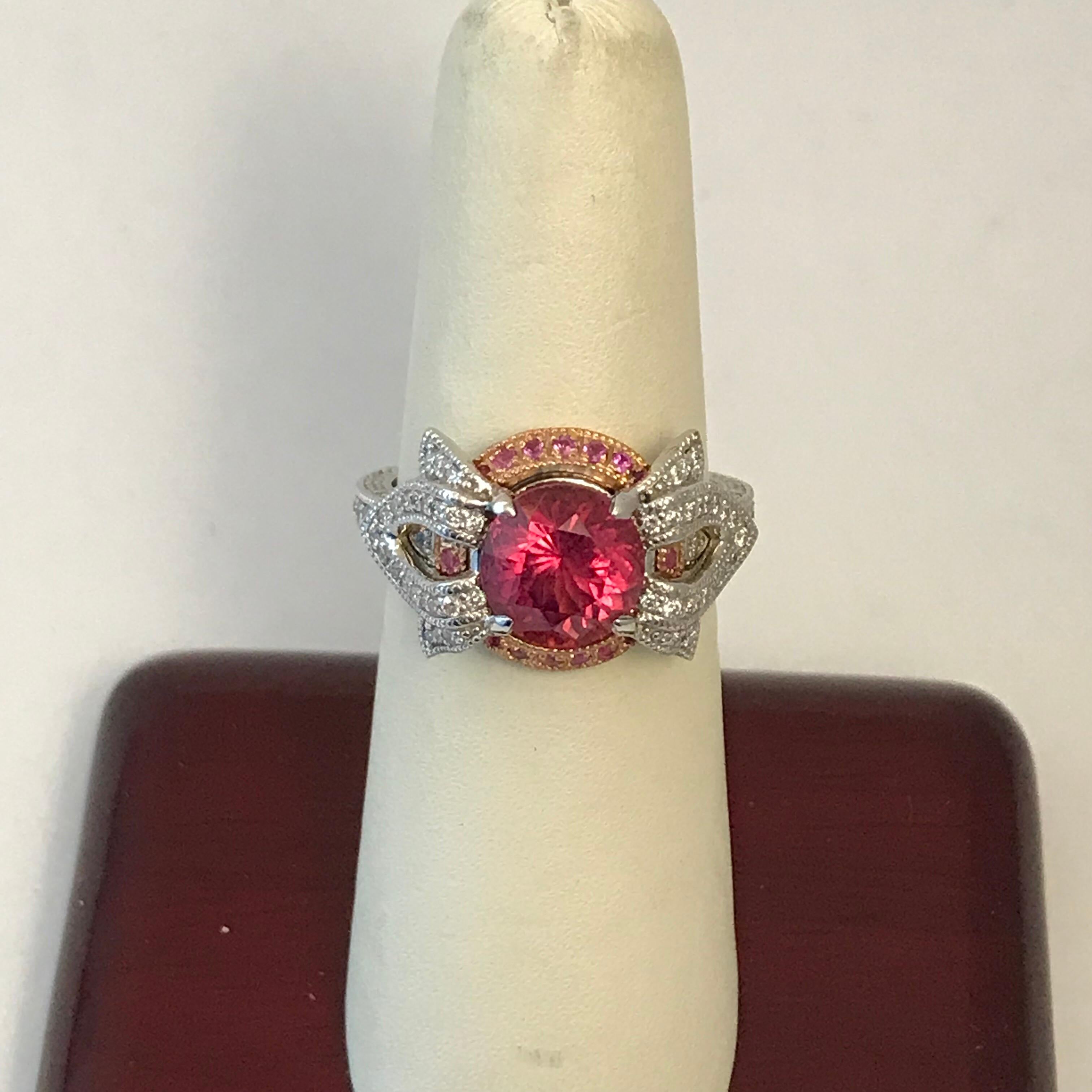 Princess Cut 2.16 Carat Pink Tourmaline Diamond Engagement Ring For Sale