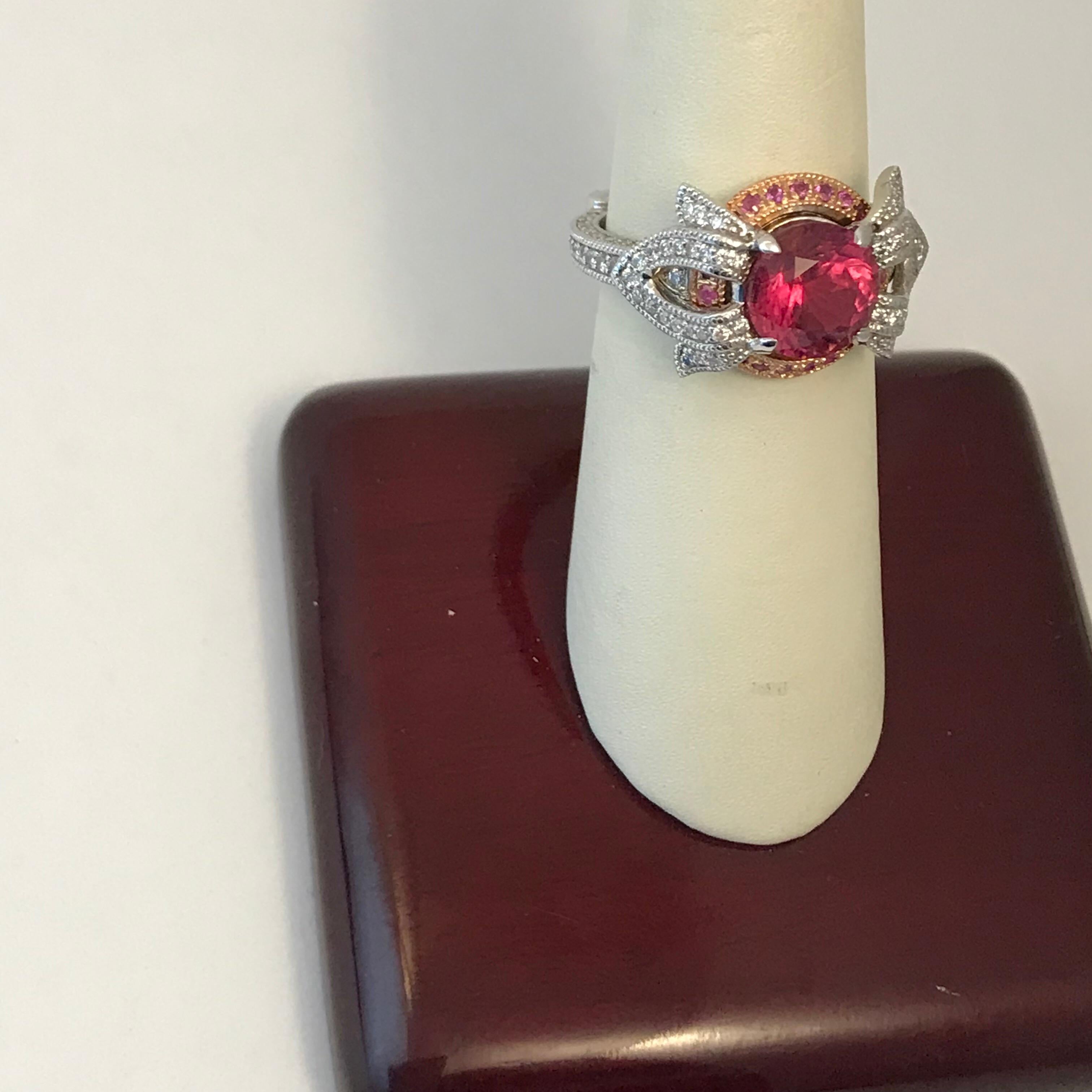 Women's 2.16 Carat Pink Tourmaline Diamond Engagement Ring For Sale