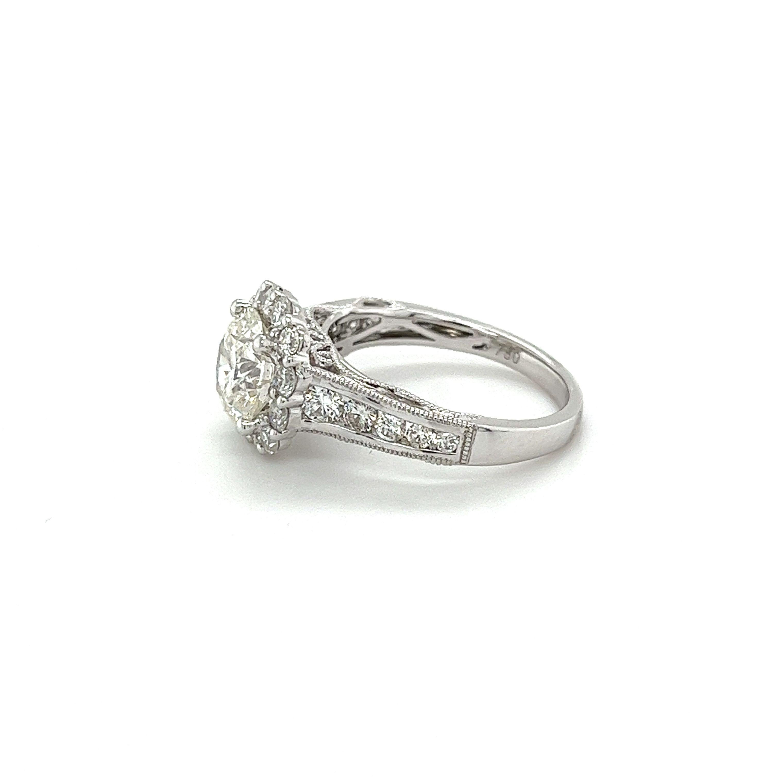 Modern 2.16 Carat Round Cut Diamond & Diamond Halo in 18K Gold Side Stone Filigree Ring For Sale