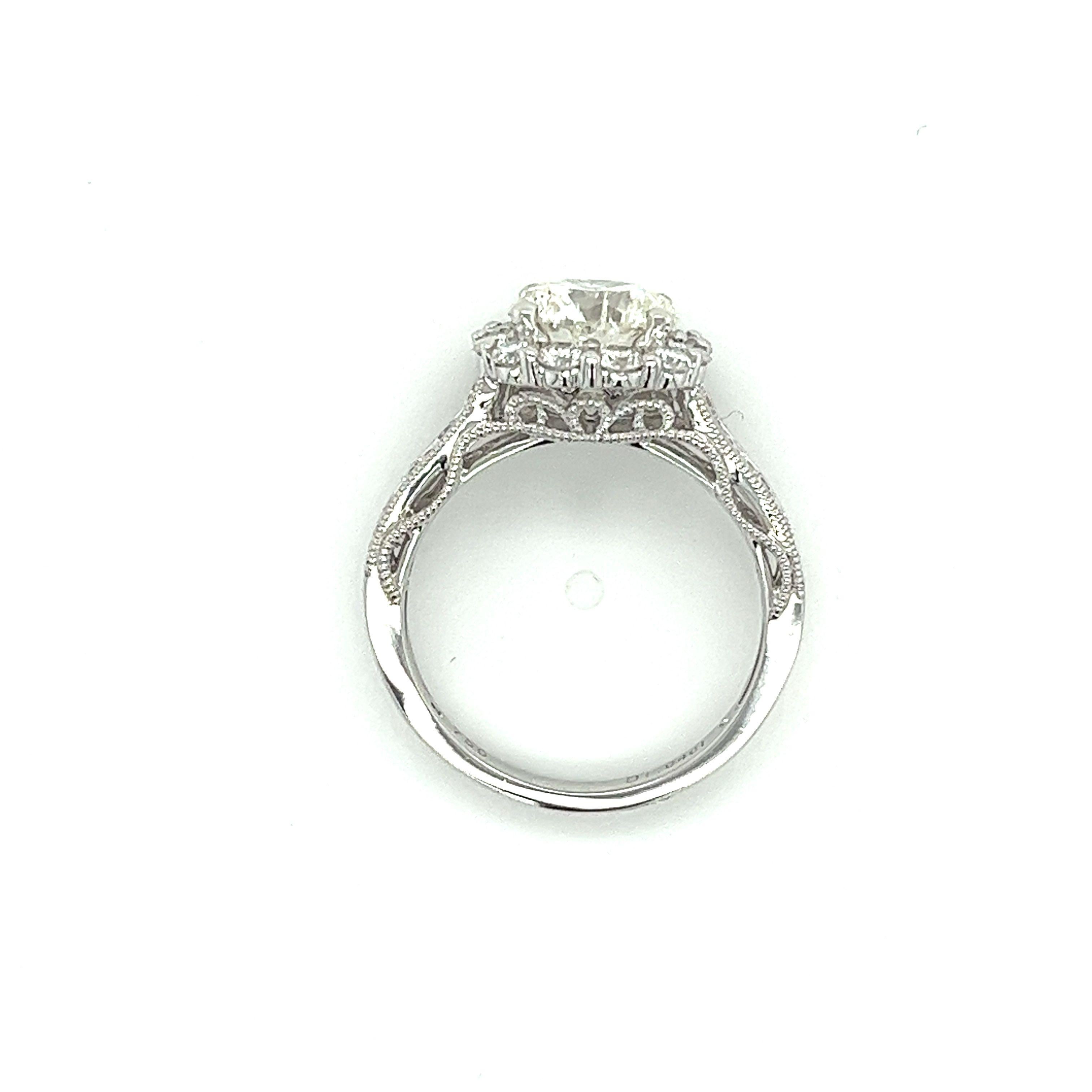 Women's 2.16 Carat Round Cut Diamond & Diamond Halo in 18K Gold Side Stone Filigree Ring For Sale
