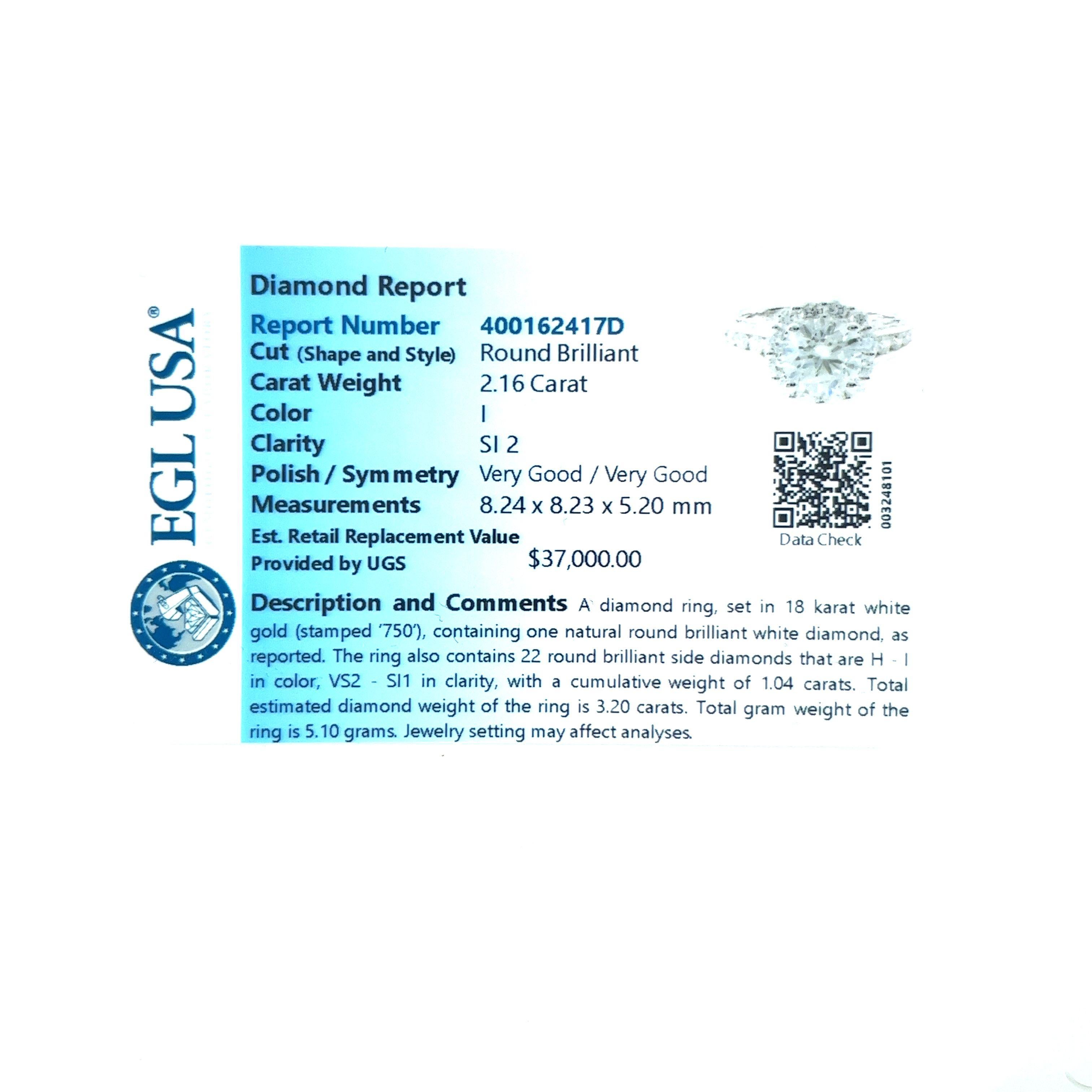 2.16 Carat Round Cut Diamond & Diamond Halo in 18K Gold Side Stone Filigree Ring For Sale 1