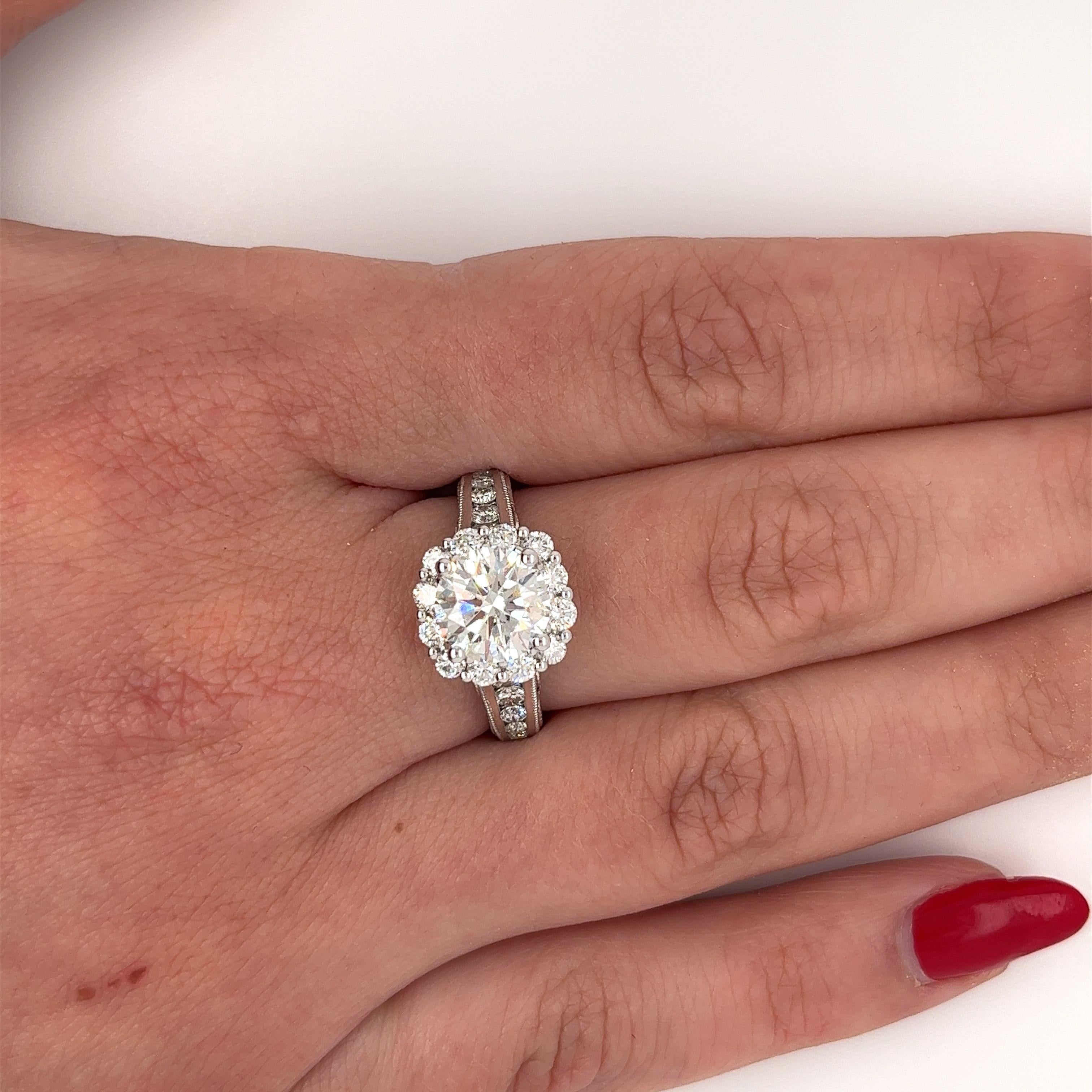 2.16 Carat Round Cut Diamond & Diamond Halo in 18K Gold Side Stone Filigree Ring For Sale 2