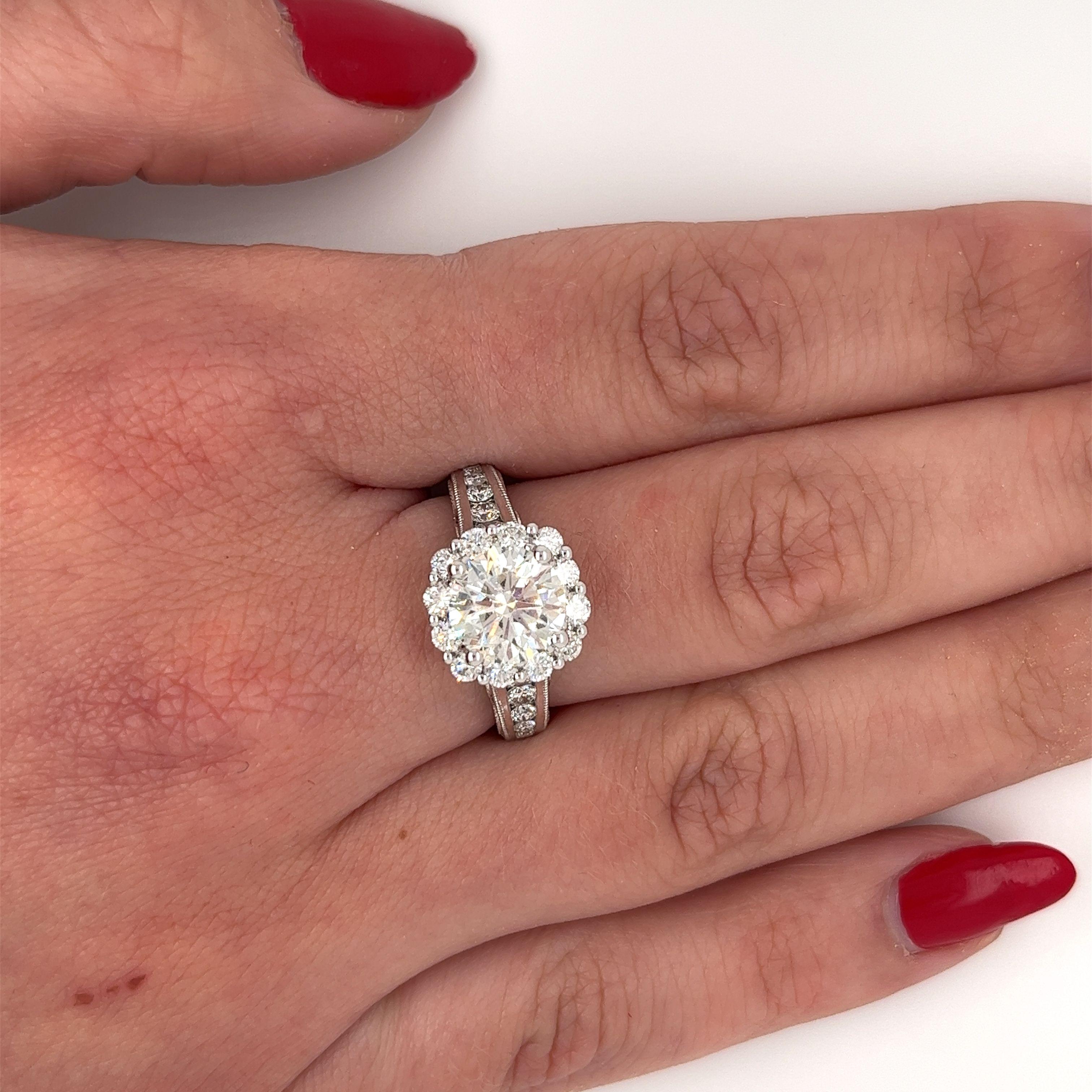 2.16 Carat Round Cut Diamond & Diamond Halo in 18K Gold Side Stone Filigree Ring For Sale 3