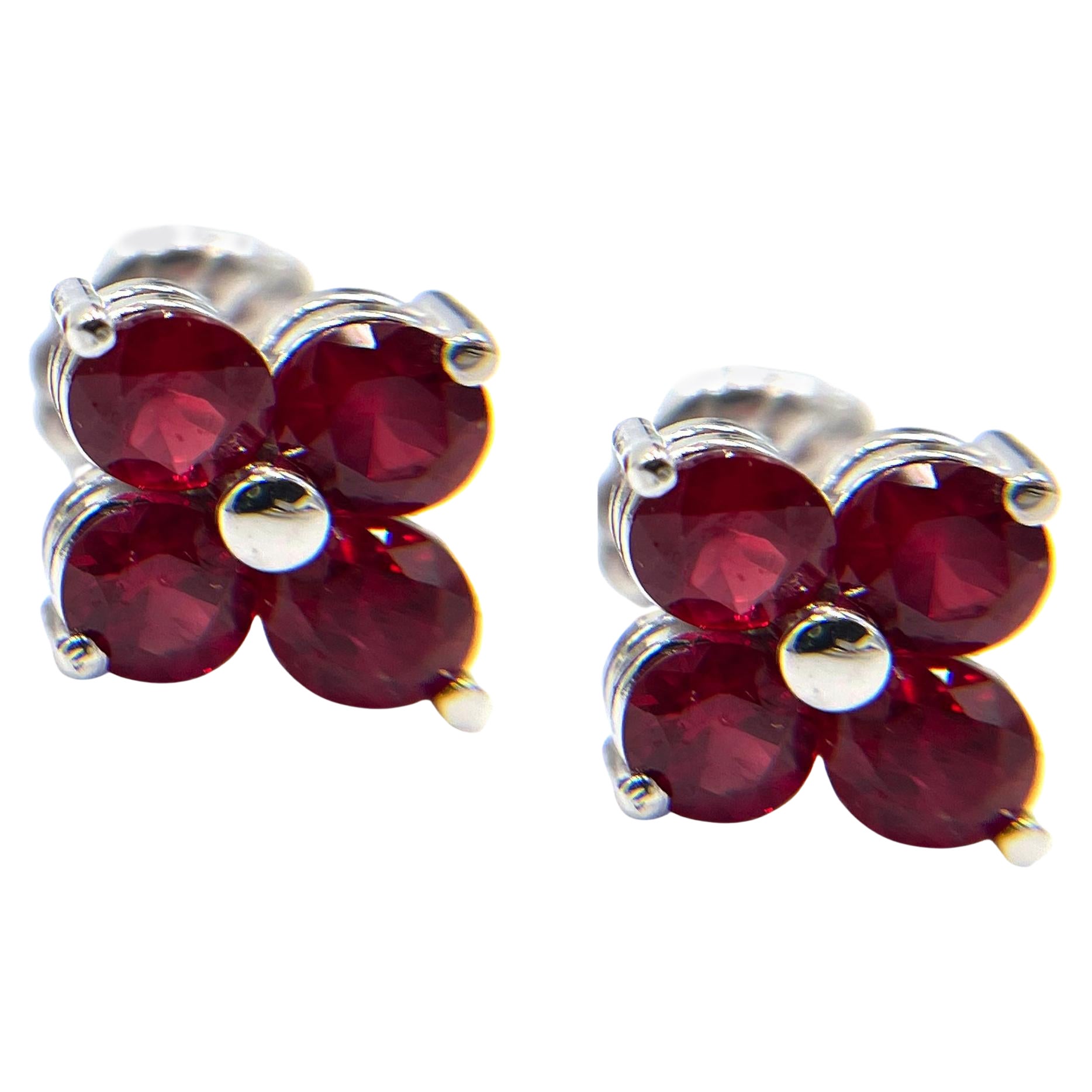2.16 Carat Ruby Quatrefoil Petite Stud Earrings in 14K White Gold For Sale