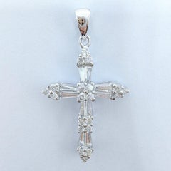 2.16 Carat Tapered Baguette & Round Cut Diamond Cross Pendant in 18K White Gold