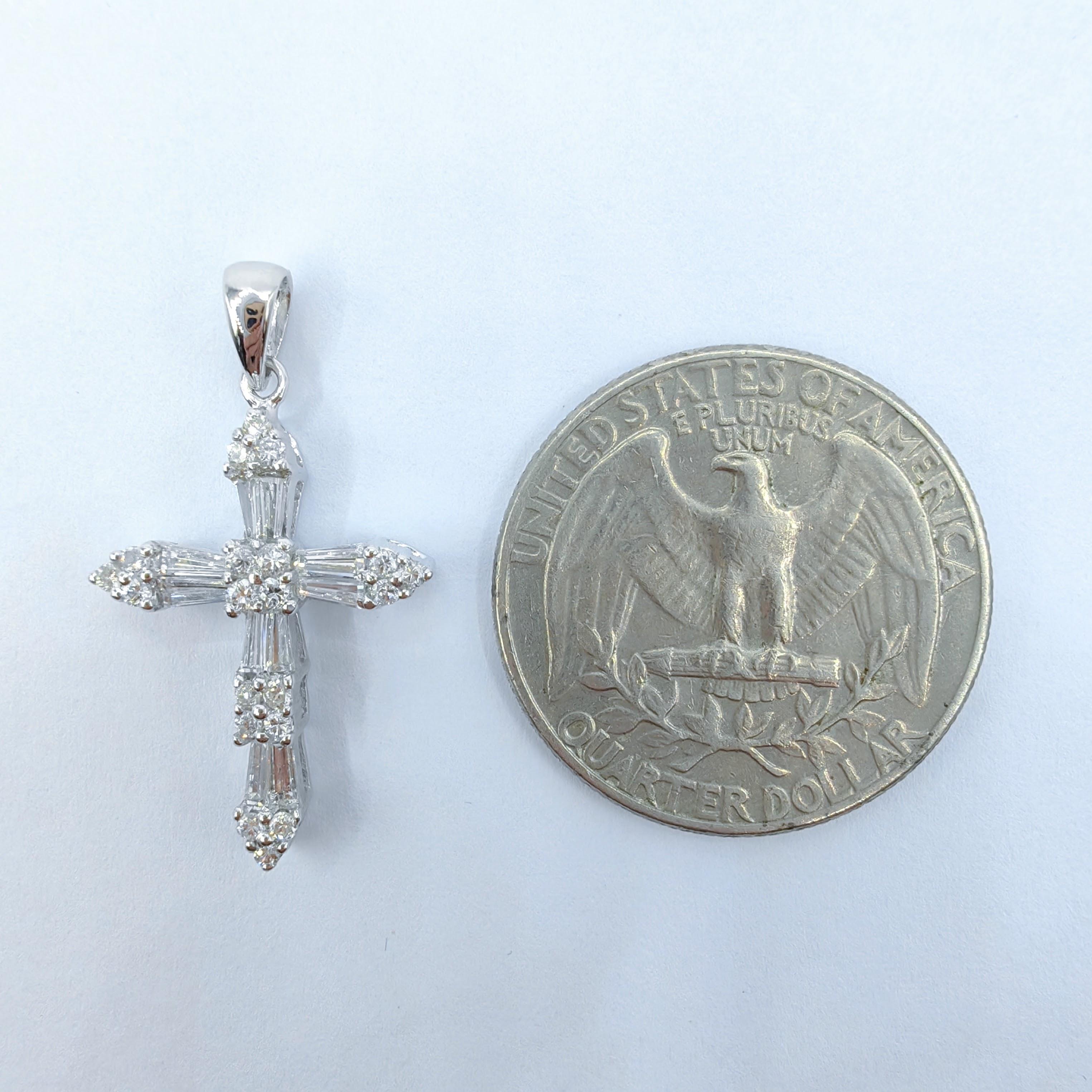 2.16 Carat Tapered Baguette & Round Cut Diamond Cross Pendant in 18K White Gold For Sale 2