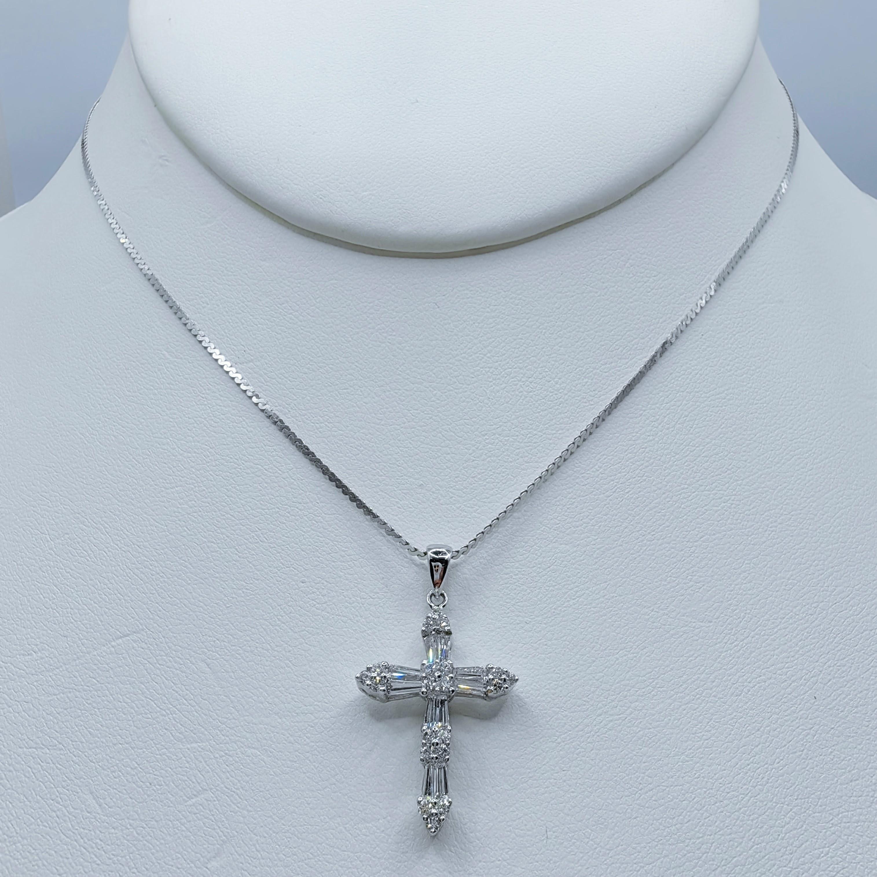 2.16 Carat Tapered Baguette & Round Cut Diamond Cross Pendant in 18K White Gold For Sale 3