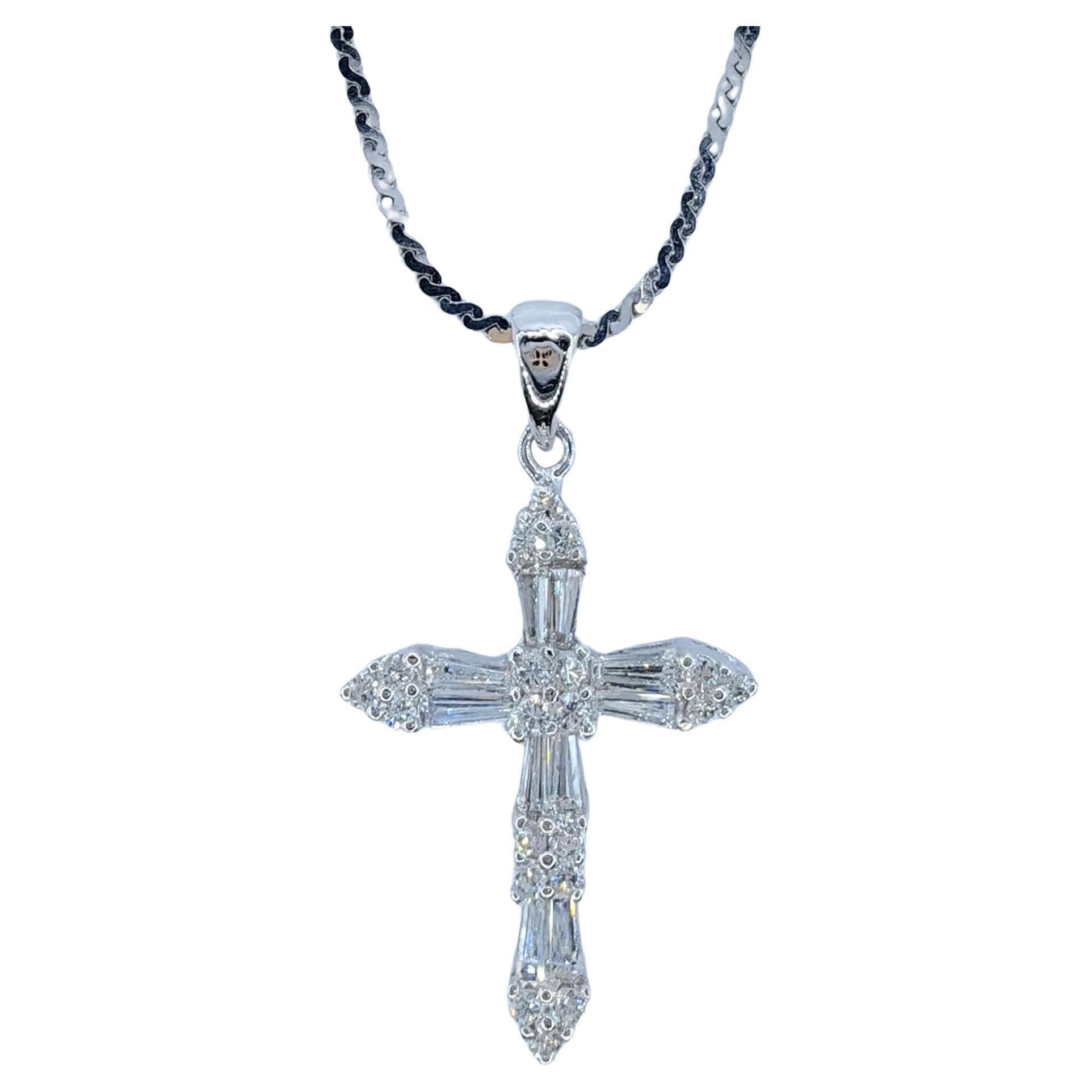 2.16 Carat Tapered Baguette & Round Cut Diamond Cross Pendant in 18K White Gold For Sale