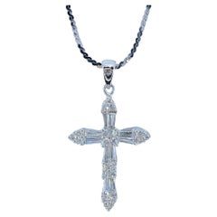 2.16 Carat Tapered Baguette & Round Cut Diamond Cross Pendant in 18K White Gold