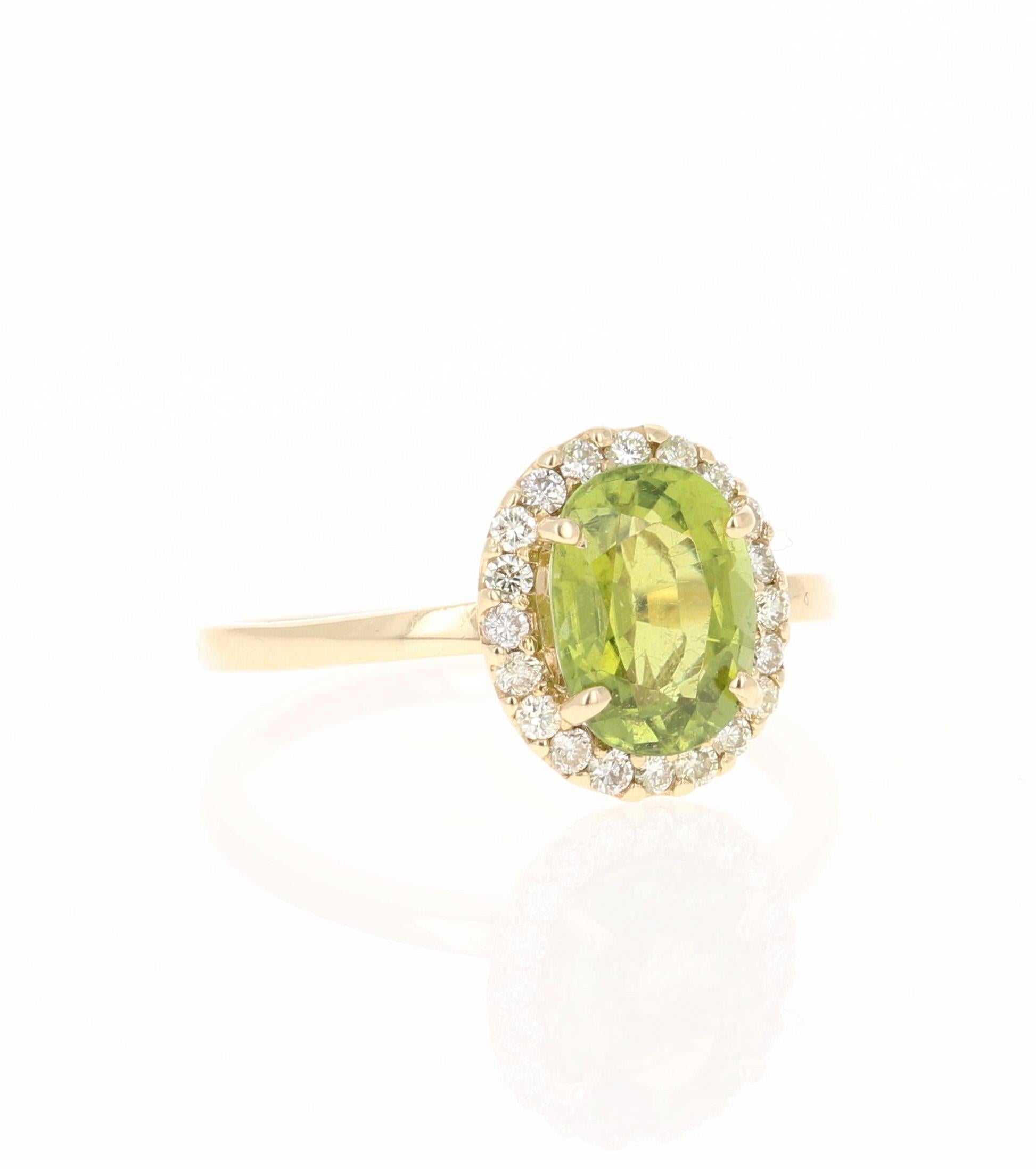 This Tourmaline and Diamond Ring has a 1.91 Carat Oval Cut light green Tourmaline set in the center and has 20 Round Cut Diamonds weighing 0.25 Carats.  The Clarity and Color of the diamonds is SI1/ F.
The total carat weight of the ring is 2.16