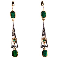 2.16 Carat White Rose Cut Diamond Emerald Yellow Gold Lever-Back Drop Earrings